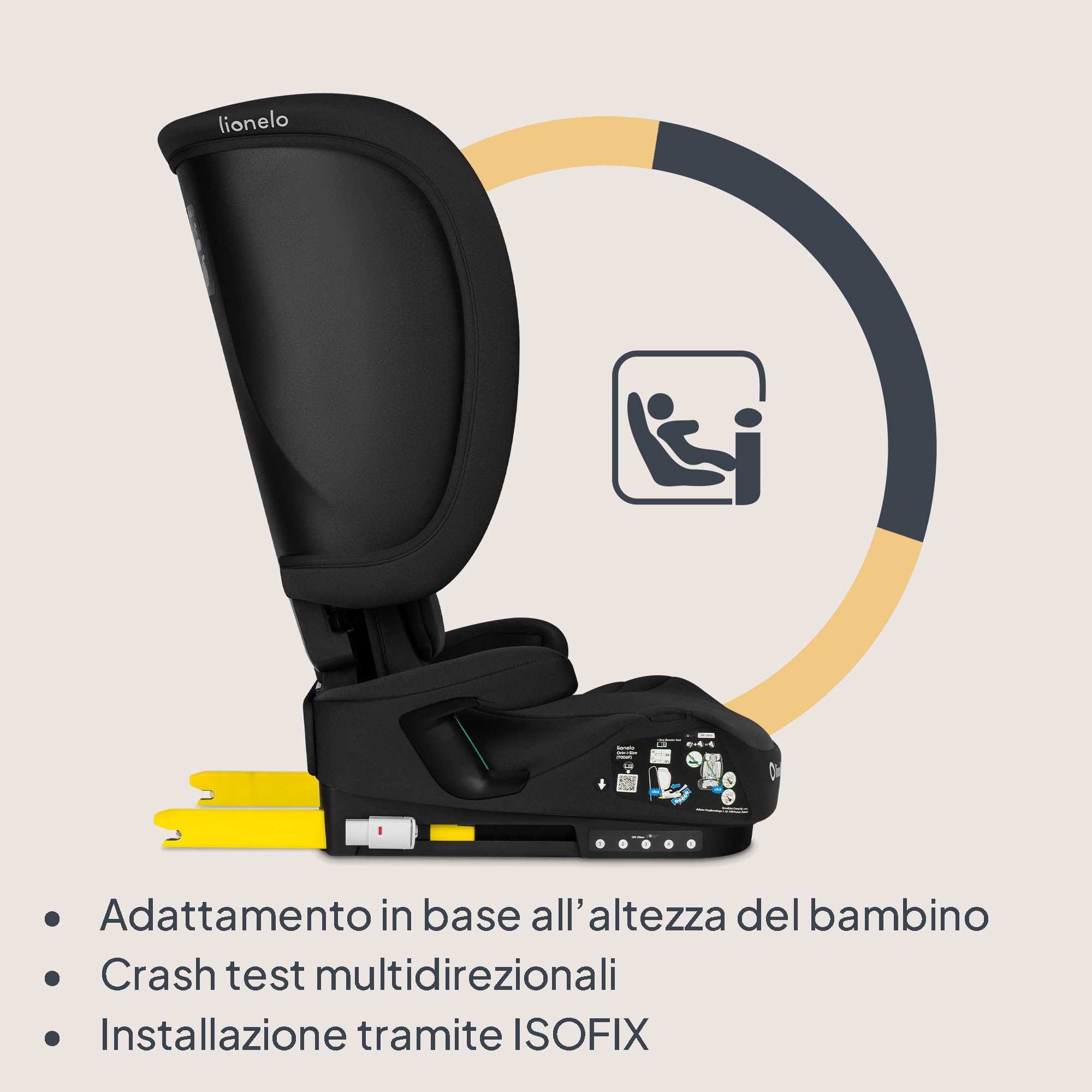 Lionelo Seggiolino Auto Pieghevole ORIN I-SIZE con ISOFIX per bambini | 3,5-12 Anni,Reclinabile 4 Posizioni,Poggiatesta 14 Posizioni, Sfoderabile Lavabile, Borsa e Portabicchiere, i-Size 100-150 cm