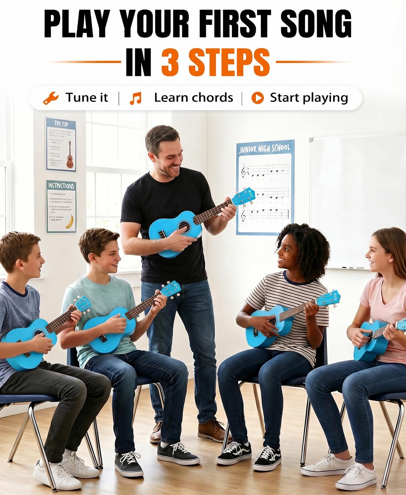 Kit de débutant ukulélé soprano pour enfants et débutants, Ukelele 21 pouces avec recueil de chansons, étui, sangle, accordeur, cordes et médiators