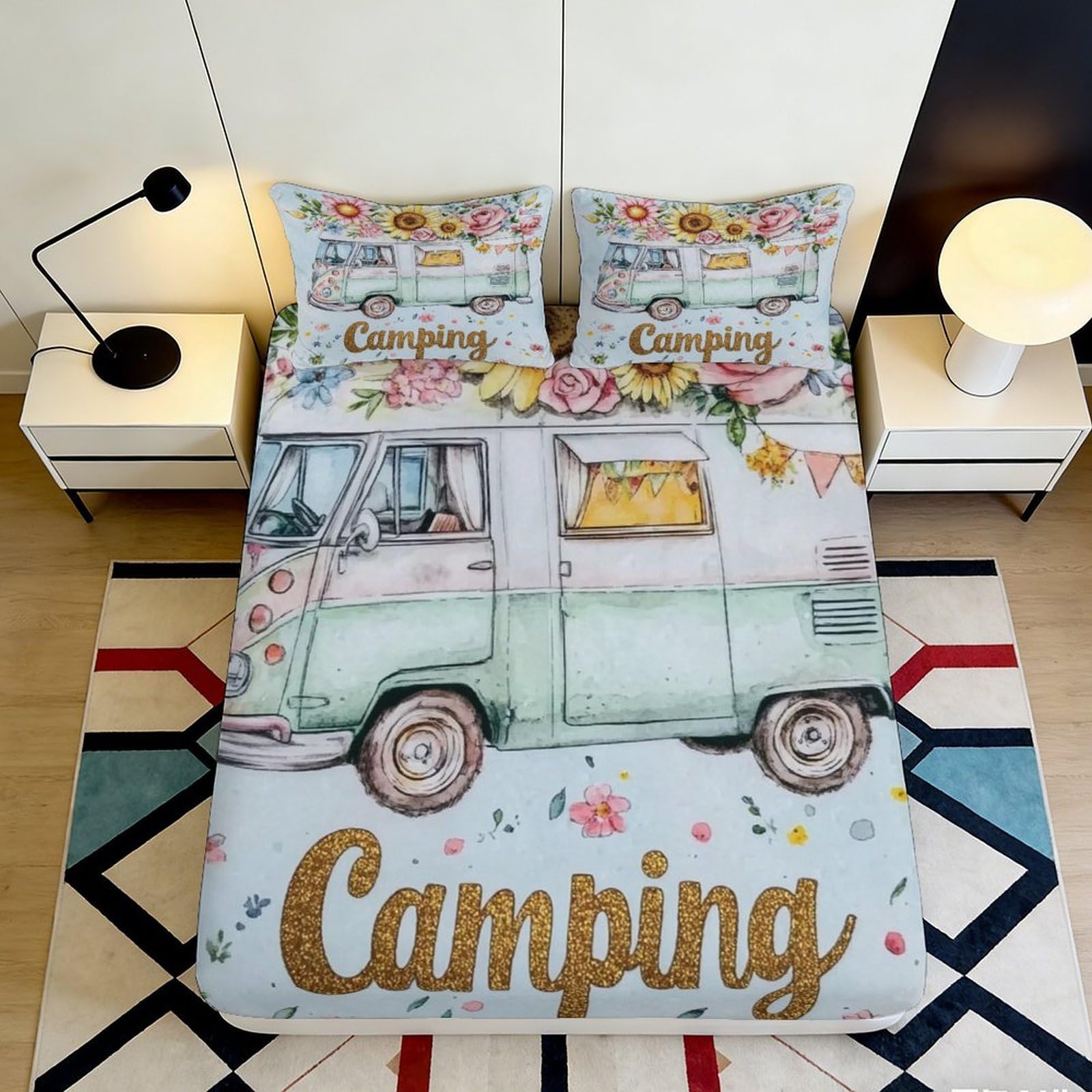 3D Printed Camping Fitted Sheet Microfiber Deep Pocket Non-Slip Bedroom Bedding Camping Mattress Fitted Cover Washable 120x200x25cm