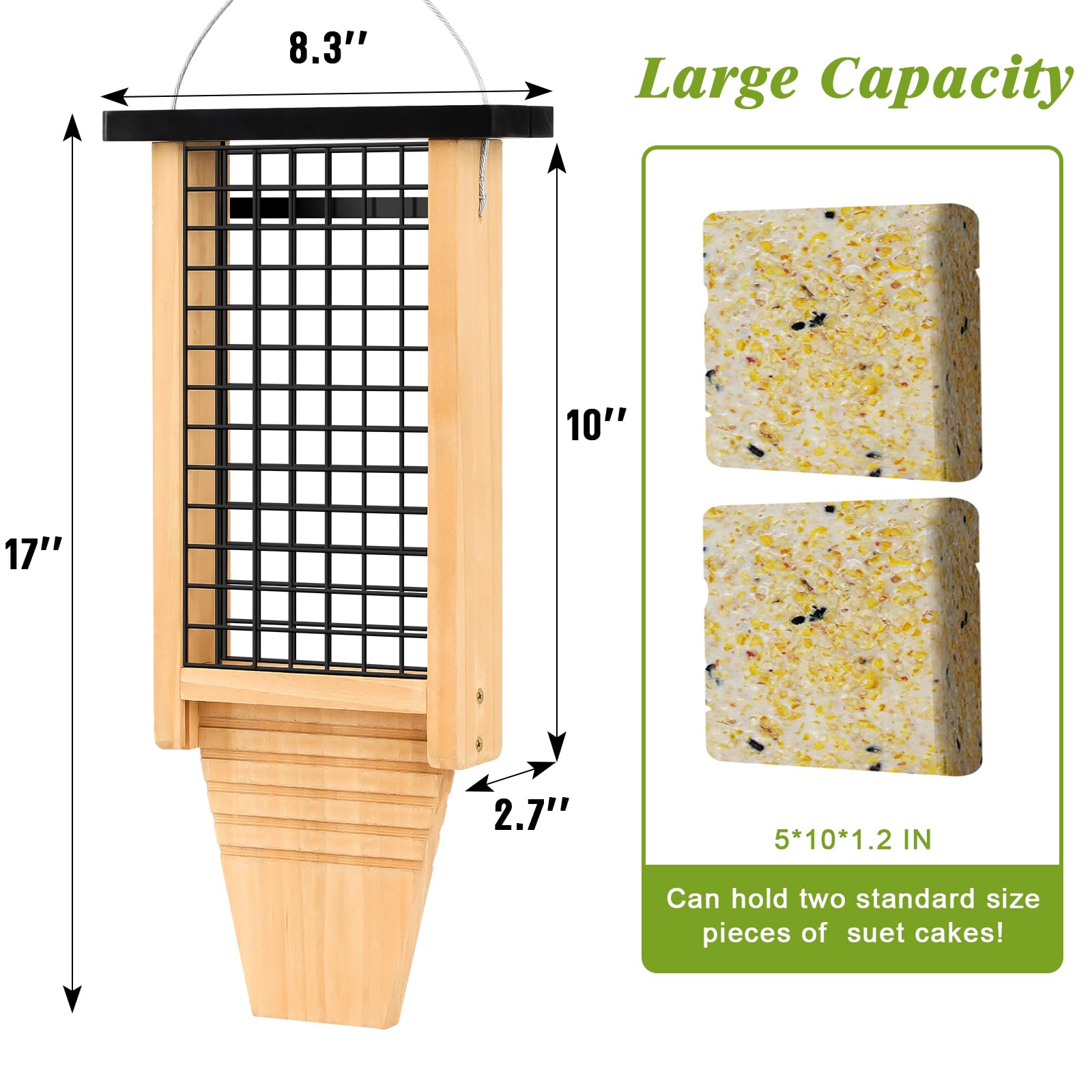 Gbekery Comedero de madera para pájaros para colgar en el exterior, comedero de sebo para pájaros carpinteros con accesorio de cola, comedero colgante para pájaros silvestres, 1 paquete, color negro