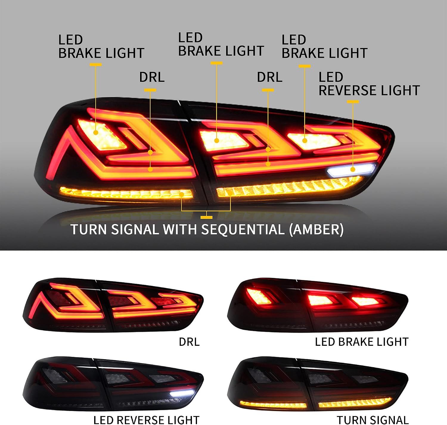VLAND LED Smoked Tail Lights Assembly for [ Lancer EVO X Sedan 2008-2018 (NOT for Sportbacks) ] Rear Lamps with Sequential Turn Signal & Welcome Running lights, Driver & Passenger Sides