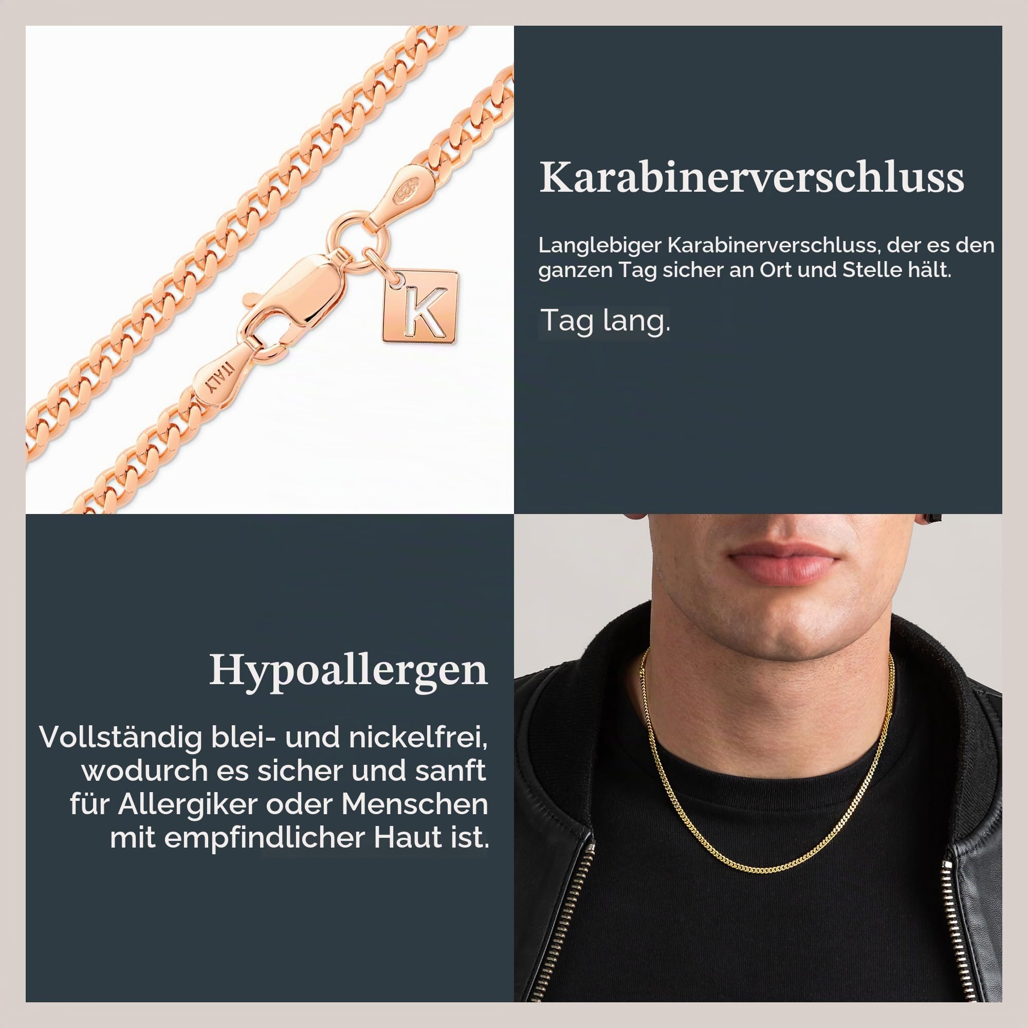 KEZEF Halskette Herren | 3mm Panzerkette Herren, Damen & Jungen | 925 Sterling Silber Männer Kette | Kette erhältlich in 925 Silber, 750 vergoldet und Rosegold vergoldet | Cuban Link Chain