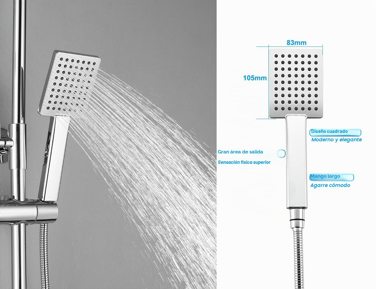 Columna Ducha Termostática 38 ℃, Sistema de Ducha Barra | Altura Ajustable 845-1180 mm, Ducha de Lluvia Cuadrada con Grifo, Acero Inoxidable 304, Fácil Instalación