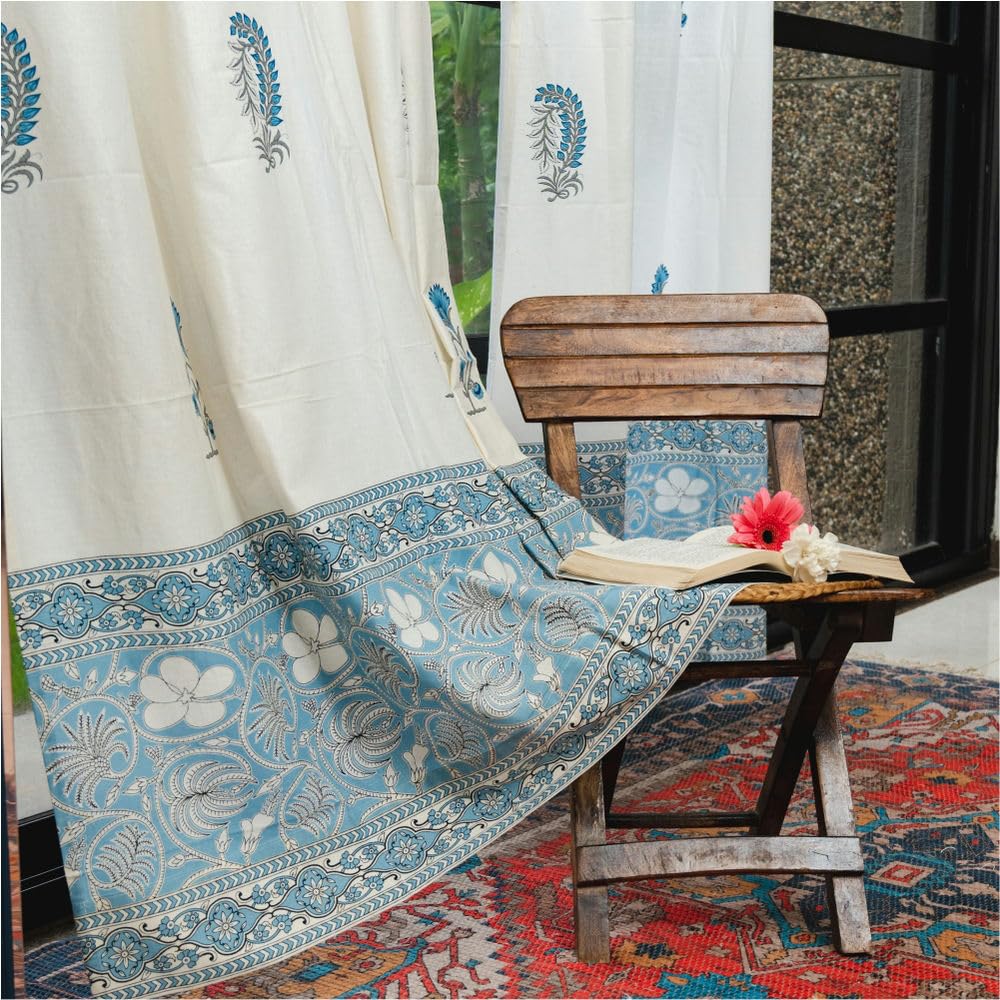 Urban Space 100% Malmal Cotton Curtains 7 feet Set of 2 for Door, 50% Room Darkening Decorative Curtains for Living Room Décor, Tieback Included (Top Style- Tab Top) (Lush Garden Blue, Door-7 X 4 ft)