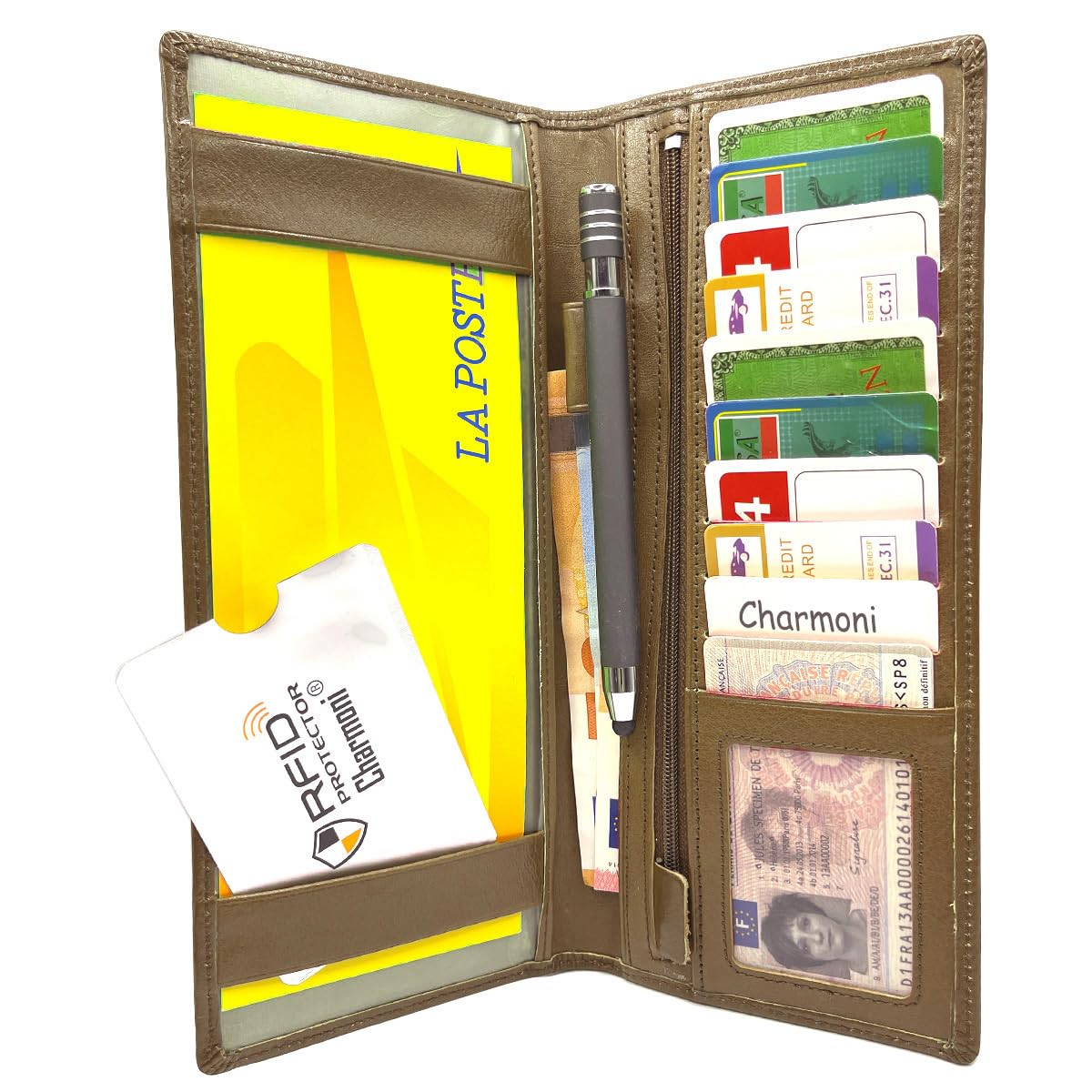 Charmoni - Etui Porte chéquier Longue Talon à Gauche - Protection Anti RFID - 2 Volets - 9 emplacements Carte crédit en Cuir Vachette (Cuir Collet Vache, Taupe)