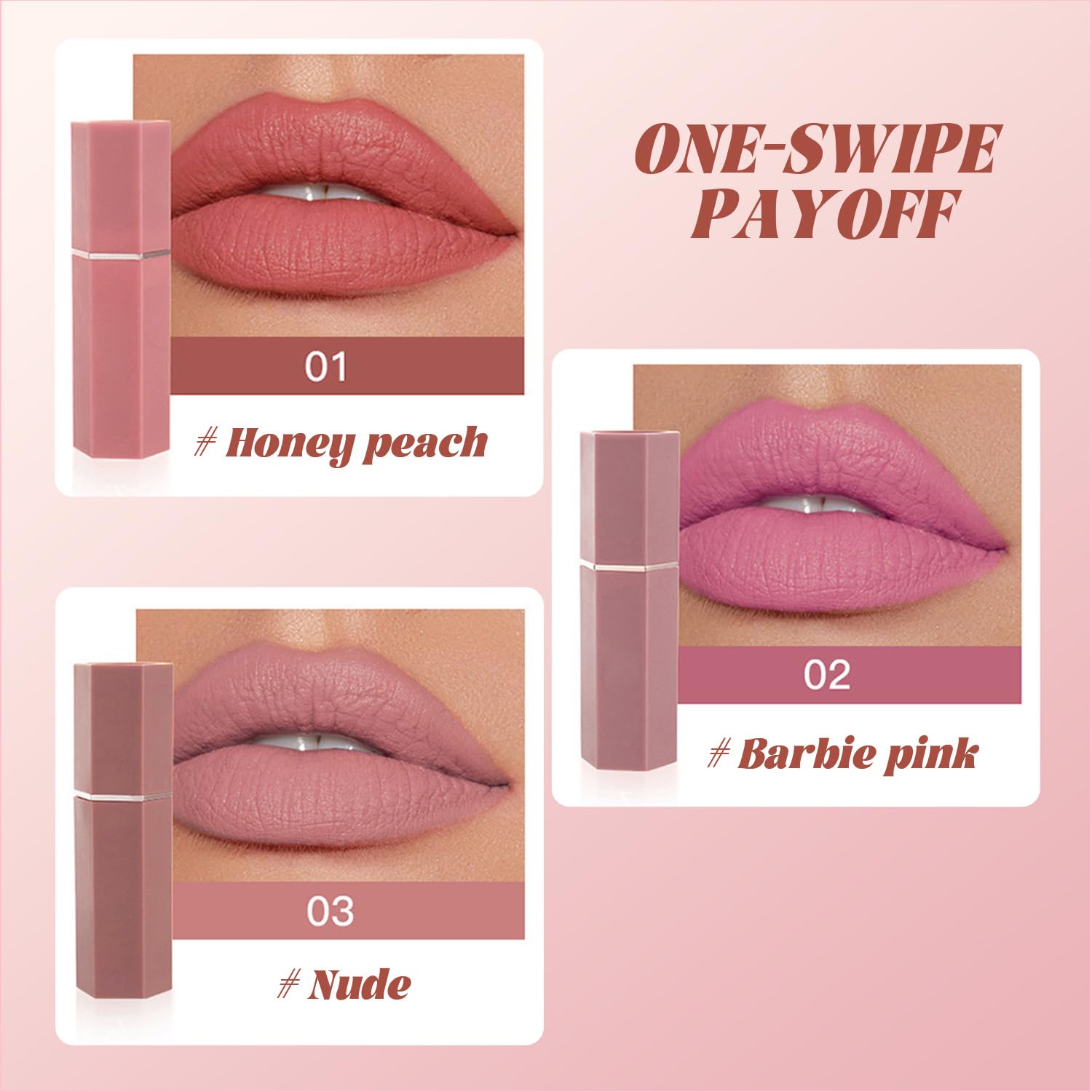 Matte Lipstick Set of 3, Long Lasting Velvet Lipstick In Peach - Image 2