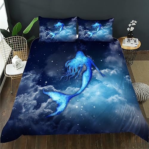 CVHOUSE - Juego de funda de edredón con diseño de sirena tamaño queen, juego de ropa de cama Sky Cloud para niñas, niños y adolescentes, funda de