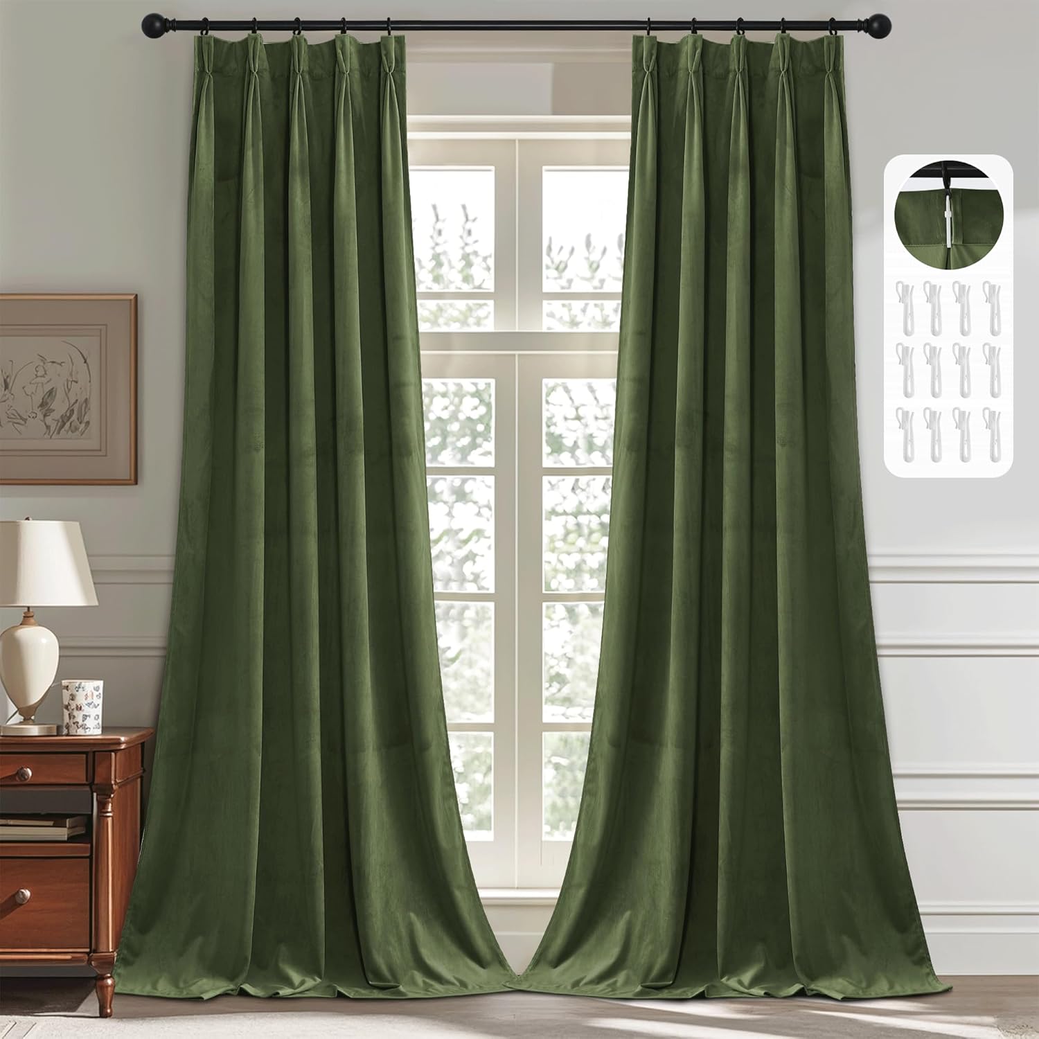 StangH Pinch Pleated Room Darkening Velvet Curtains, Luxury Thermal Insulated Sliding Door Drapes for Living Room Back Tab Christmas Decor Window Treatments, Moss Green, W38 x L108, 2 Panels