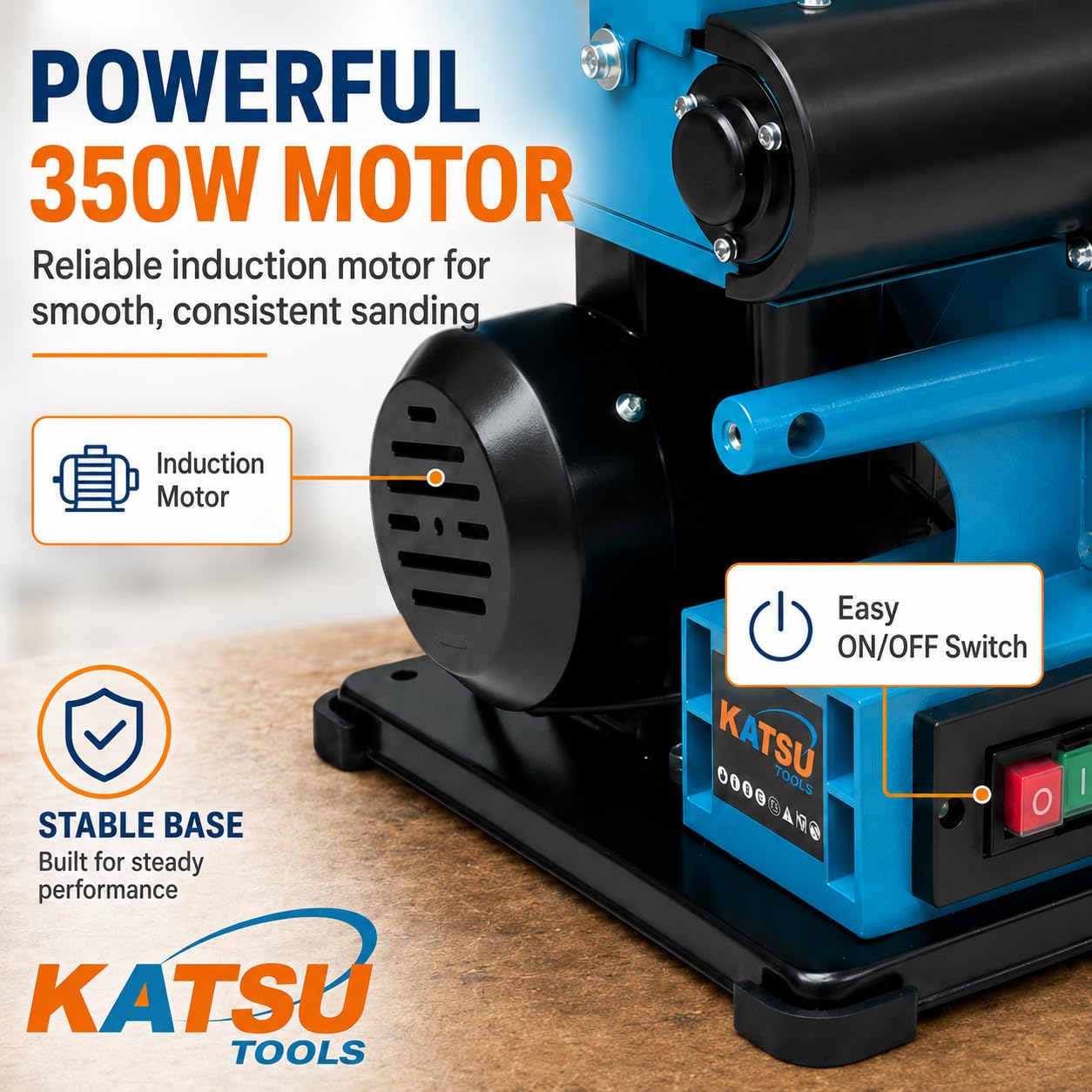KATSU Tools Correa de banco y lijadora de disco de 350 W, disco de 150 mm, cinta de lijado de 100 x 914 mm, mesa ajustable y extracción de polvo, ideal para madera, metal, plástico, modelo 100199