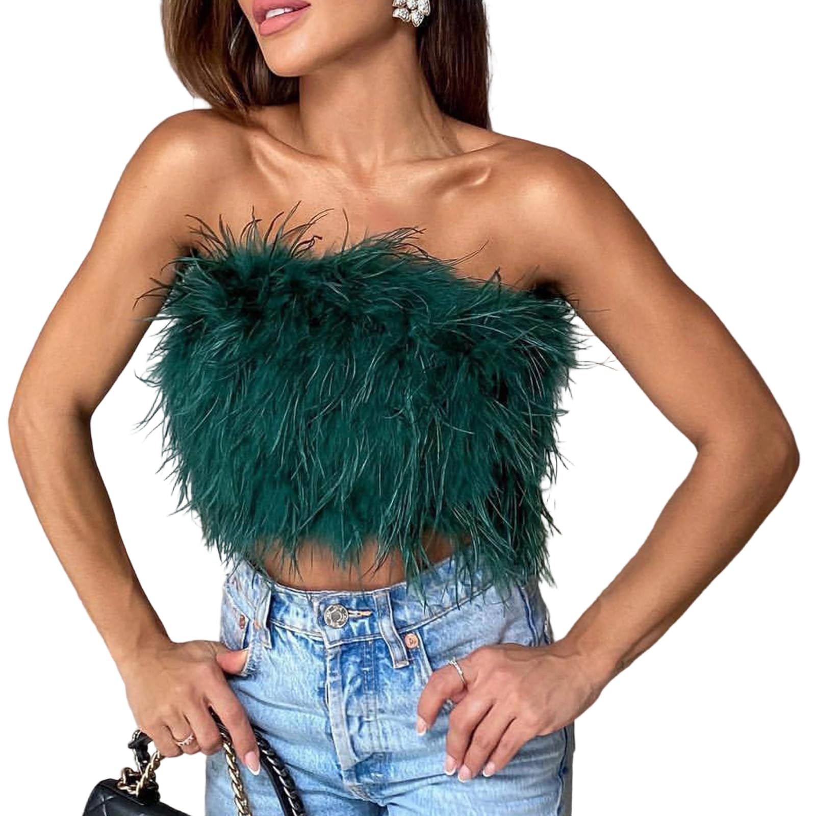 Gissroys Women Faux Furs Feathered Crop Tops Strapless Bandeau Tube Top Plush Aesthetic Cami Vest Tanks Clubwear Plush Cami Vest Tank