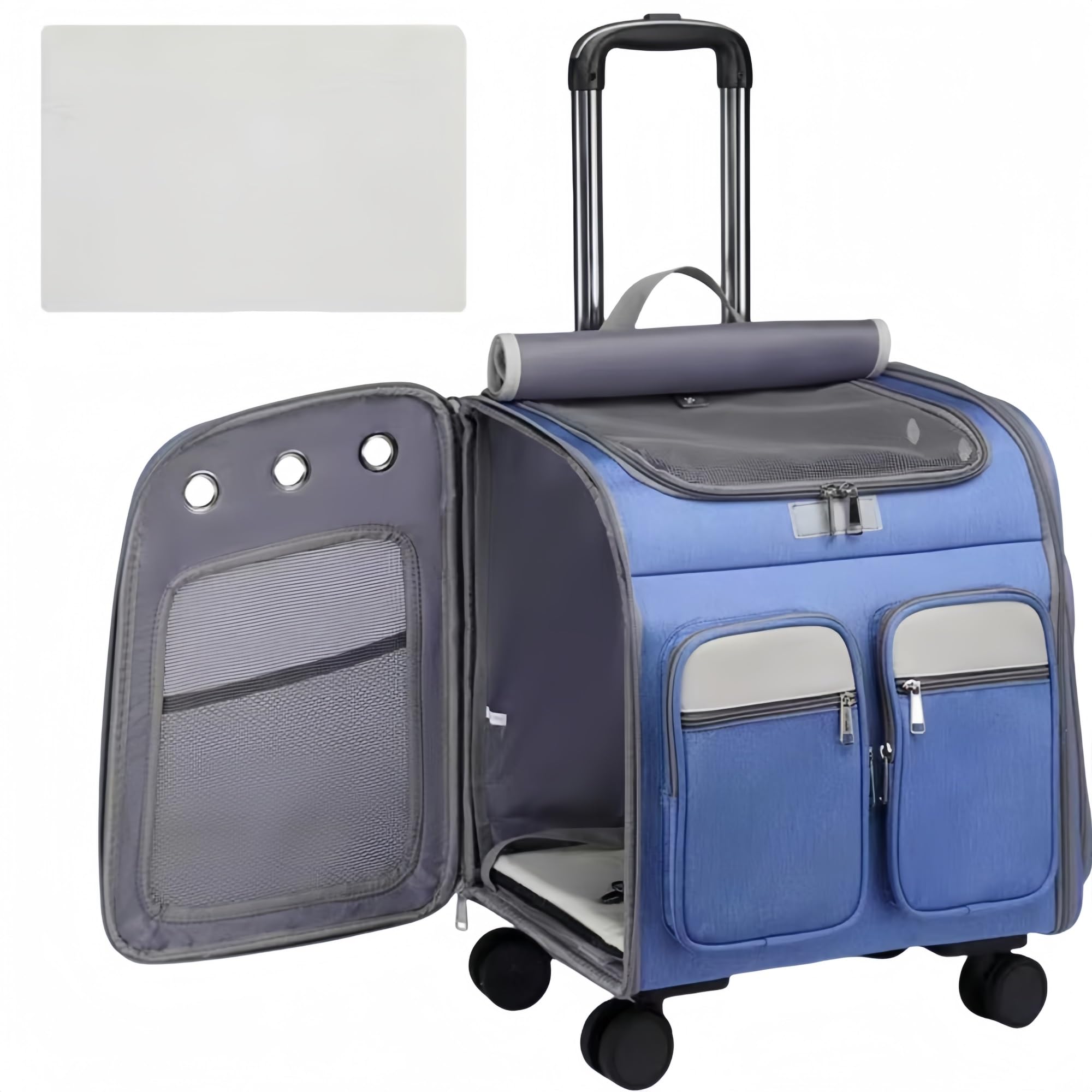 yacoxe Dog Stroller, Pet Trolley Backpack，41 * 30 * 43cm Dog Cat Pushchair，Dog Carrier, Foldable Pet Stroller, 360 ° Wear-Resistant Rubber Wheels Dog Travel Carrier, for Small Dogs & Cats(Blue)