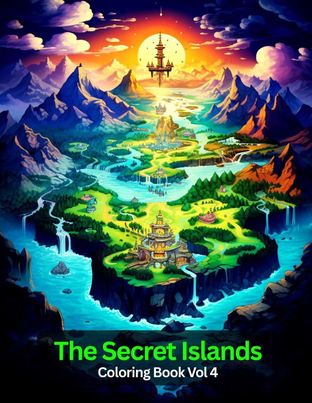 The Secret Islands Coloring Book Vol 4, 50 beautifully illustrated fantasy island scenes filled with hidden treasures.