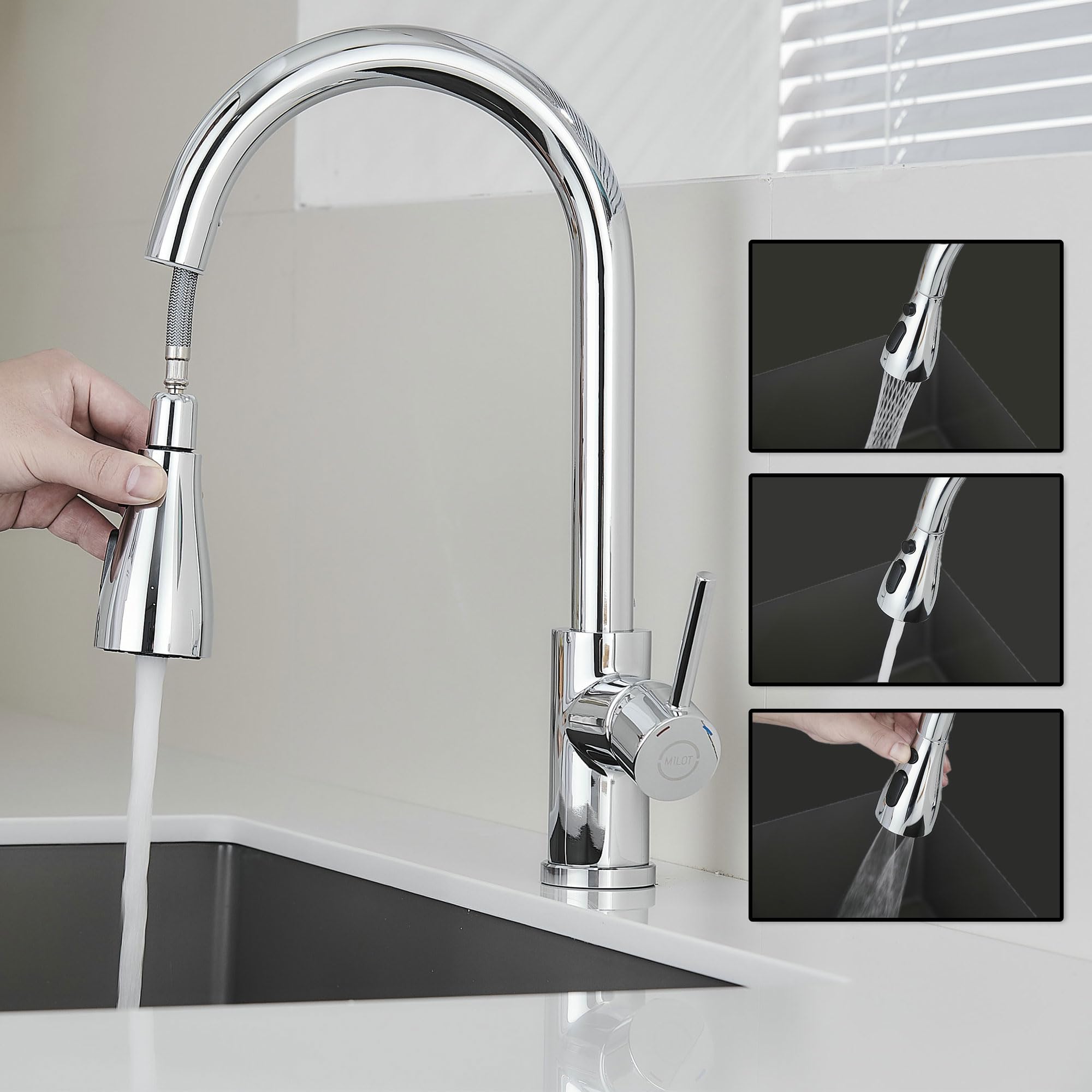 Milot Chrome Kitchen Tap, 4 Spray Modes With Pause Mode, 360° Swivel Spout Kitchen Sink Taps, Kitchen Mixer Taps 1 Hole (Polished )