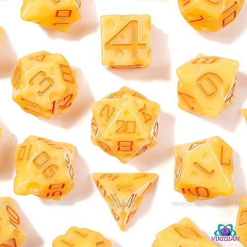 Miniatura 7 de Juego de dados de queso D&D (color amarillo claro y naranja nachos) con agujeros suizos  DNDTTRPG Juego de 7 piezas de resina poliédrica