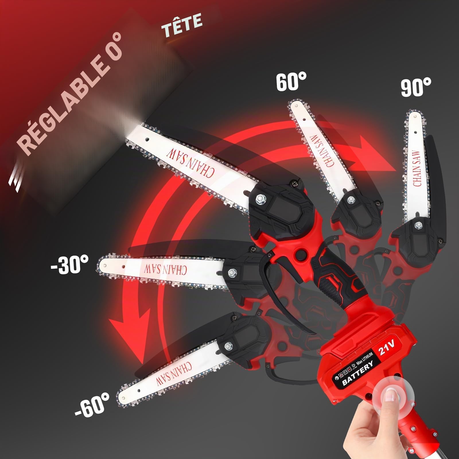 2 en 1 Élagueuse sur Perche sans Fil, 21V Télescopique Élagueur avec 8” Mini Tronçonneuse Électrique, 2 x 3000mAh, 2 Chaînes, 150° Tête Inclinable pour Jardin, Branches, Bois