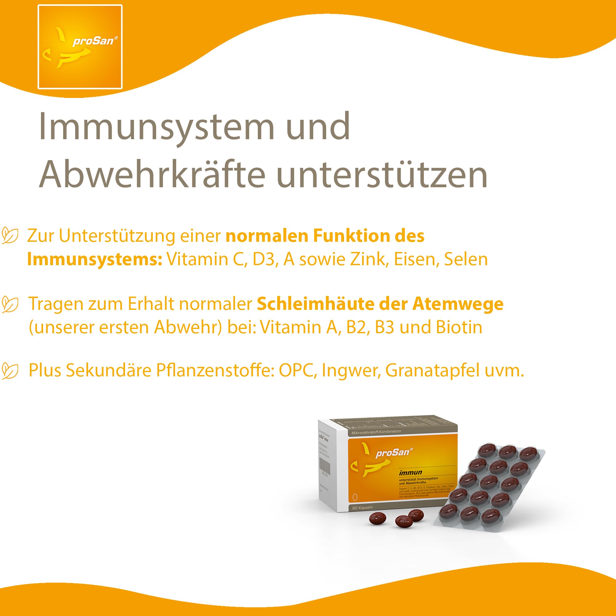 proSan Immun Kapseln (Monatspackung: 90 Kapseln) | Abwehrkräfte & Immunsystem unterstützen mit Vitamin C + weitere Vitamine, Mineralien, Polyphenole, OPC