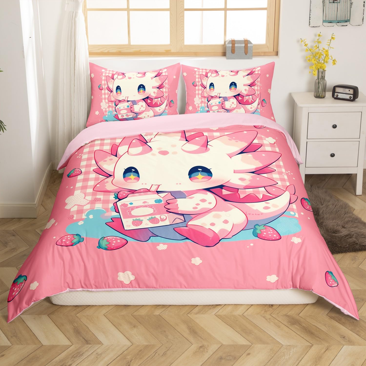 Loussiesd Nette Axolotl Bettwäsche Set 135x200cm Cartoon Salamander Betten Set für Kinder Jungen Mädchen Schlafzimmer Bett Dekor Kawaii Ocean Sealife Bettbezug Set Axolotl Rosa Bettwäsche-Set