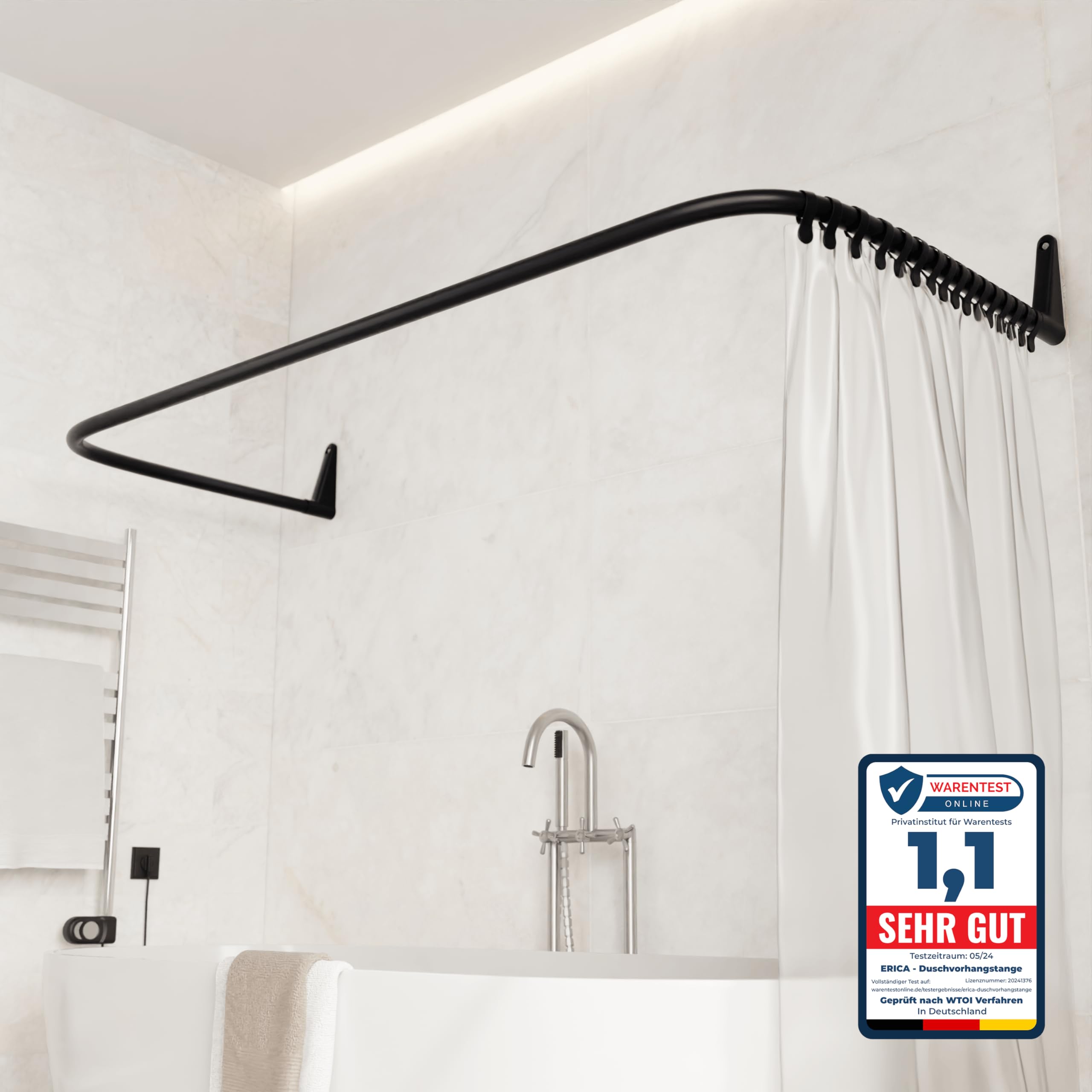 Erica U-Shaped Shower Curtain Rail - 70 x 165 cm, Black Steel, Powder Coated, Wall Mounted, No Drilling Required