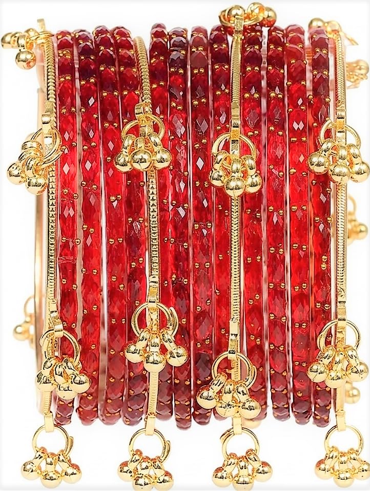 Image of JPS 16 Pcs Trendy Stylish Glass & Kashmiri Ghungroo Bangles Set for Women & Girls | Gold-Plated Traditional Festive Wedding Party Jewellery Chudi Set (12 Glass + 4 Metal)