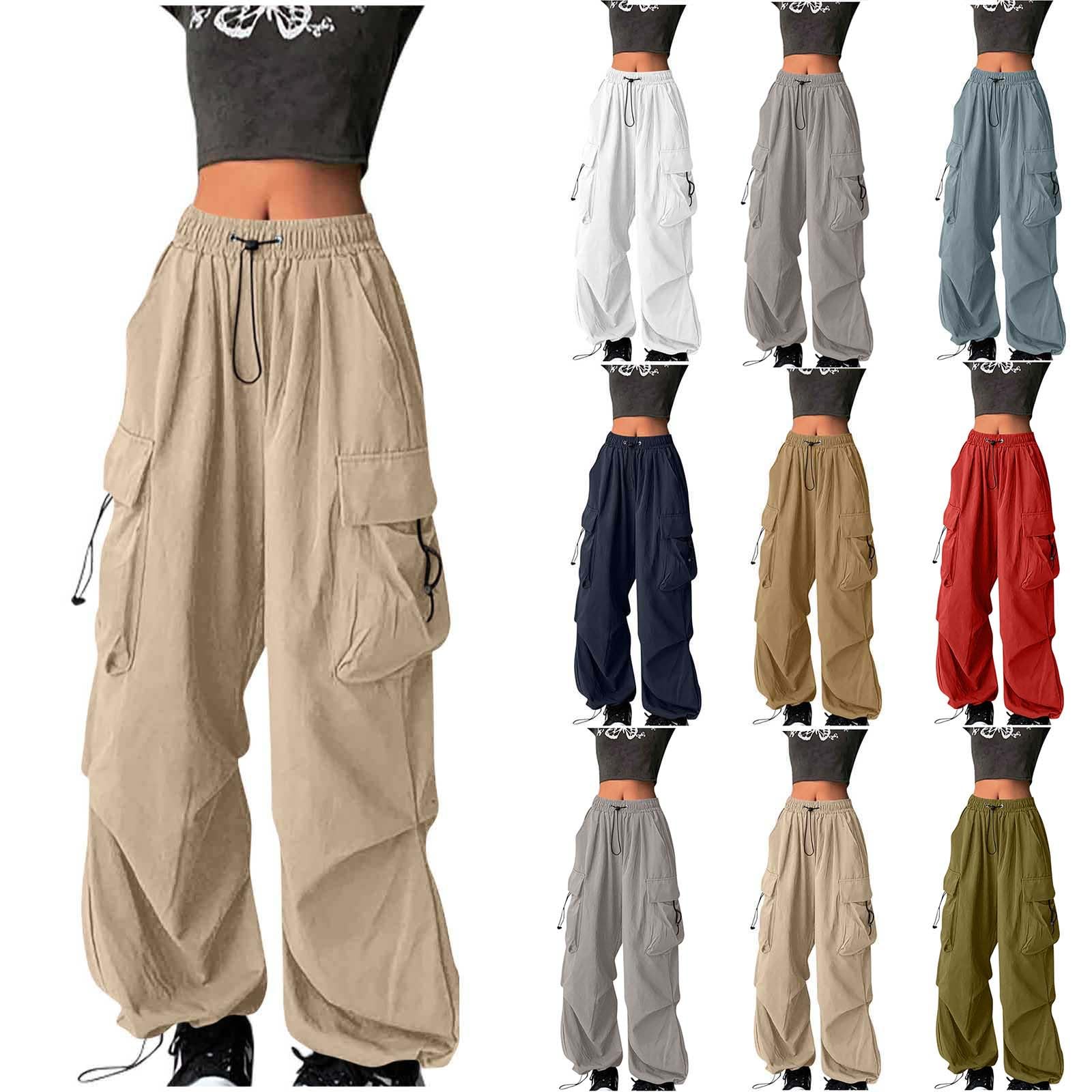 Parachute Pants Woman Y2K Fashion Baggy Cargo Pants Drawstring Elastic High Waist Streetwear Trousers with Pockets