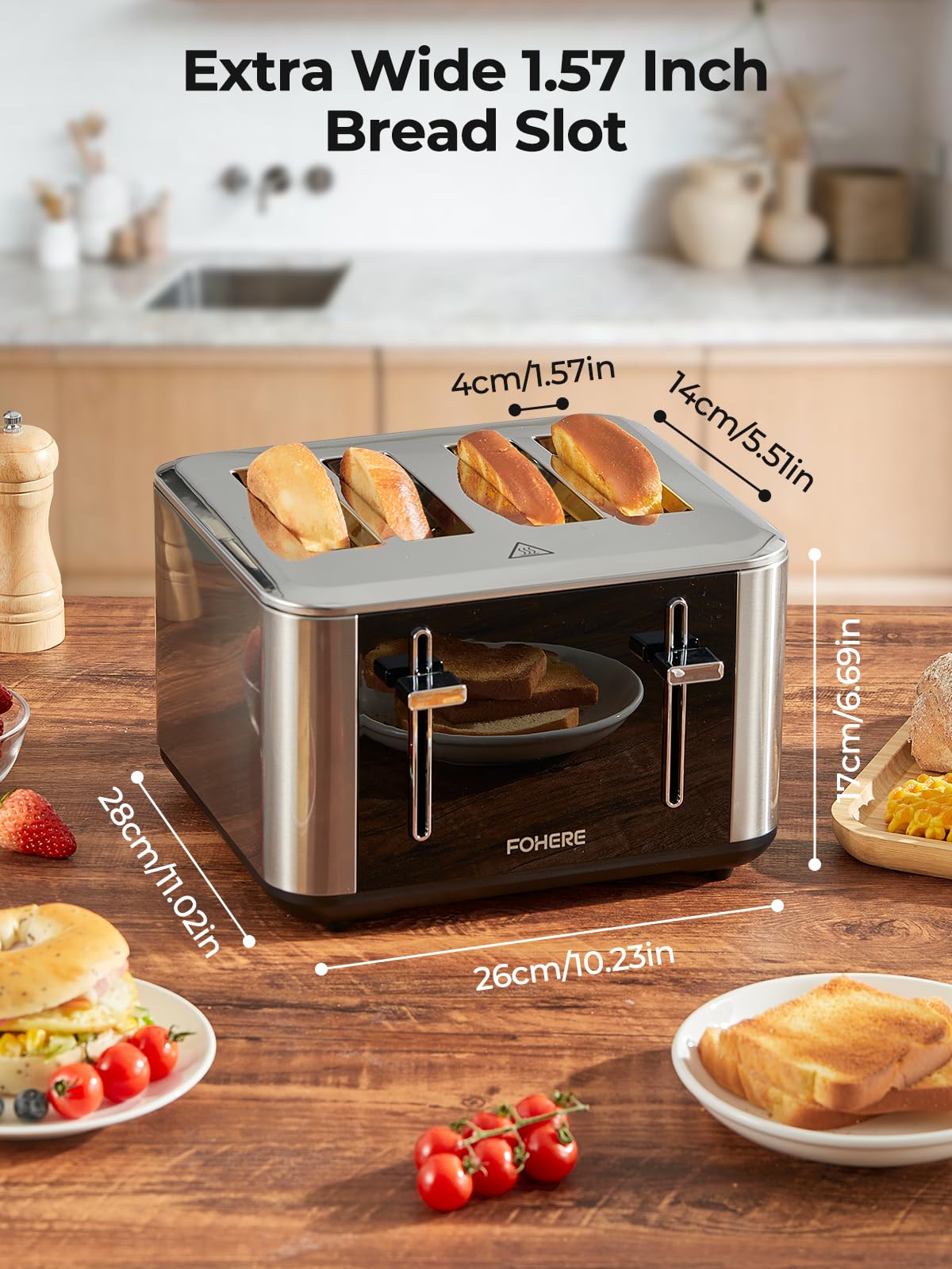 Toaster 4 Scheiben, 1600W Intelligente Edelstahl Toaster, 6 Farbeinstellungen, Voll Touchscreen Bedienung, Extra breiter 1.57 Zoll Schlitz, mit Digitaler Zeitschaltuhr, Krümelschublade, Silber