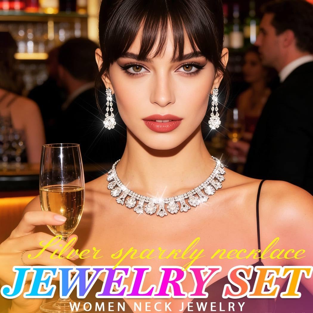 Nicute Rhinestone Necklace Set Sparkly Silver Jewelry Set Wedding Jewelry Sets for Women (Silver) - Image 6