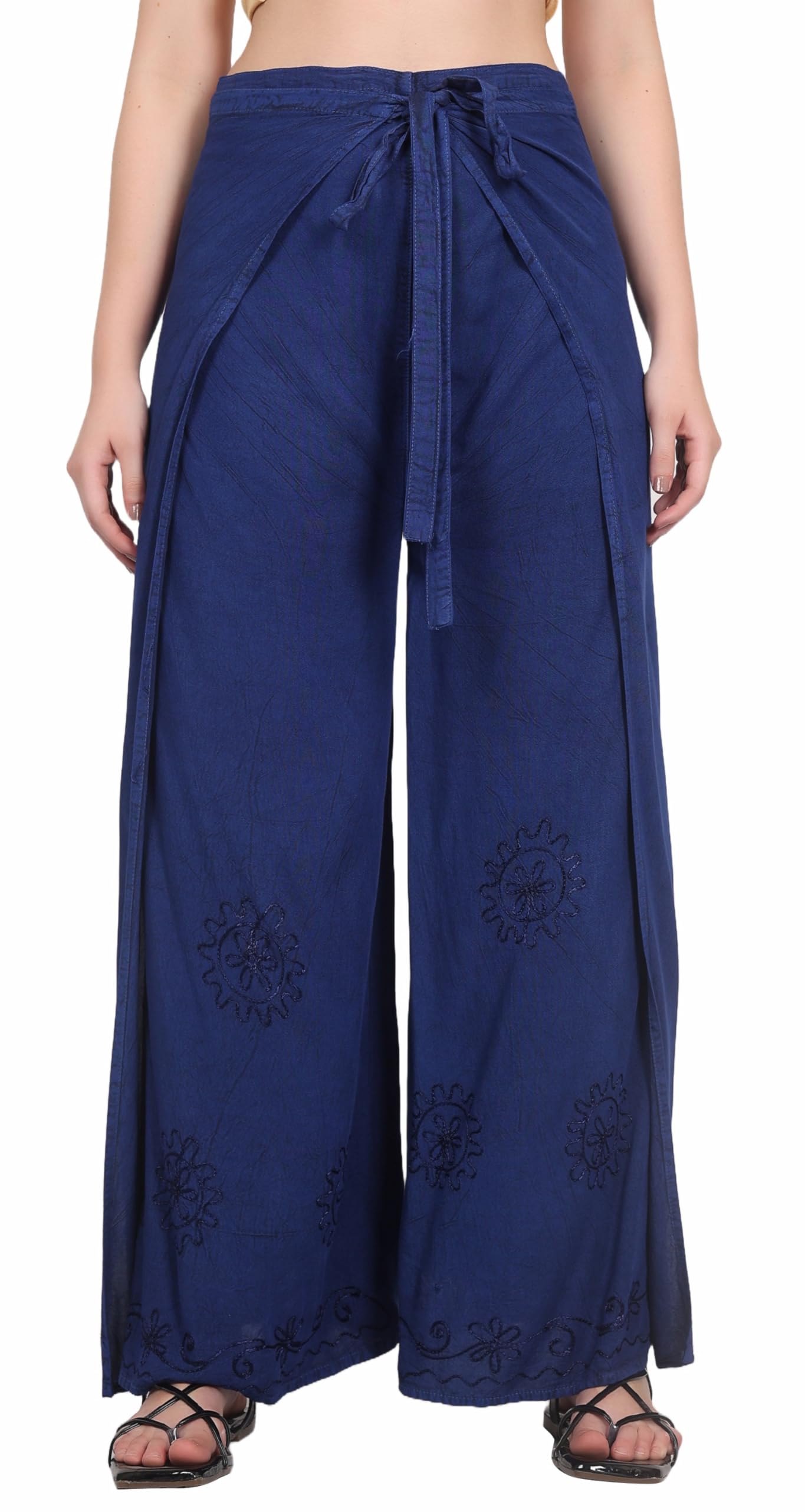 Whitewhale Women's Navy Blue Split Wide Leg Long Embroidered Rayon Wrap Palazzo Pant
