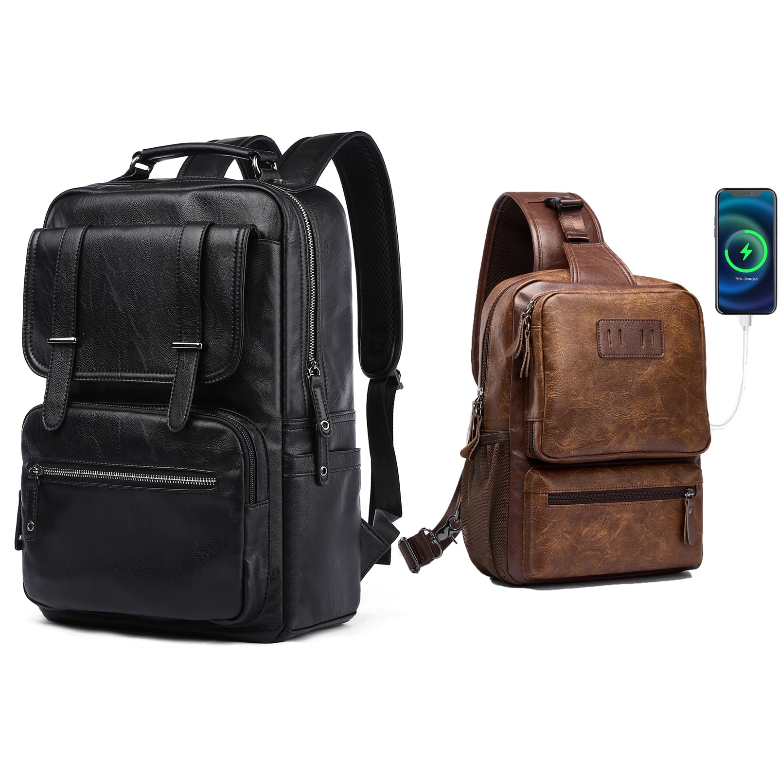 MOYYI Black Leather Backpack & Brown Sling Crossbody Bag with Handgun Holder and USB Charing Port