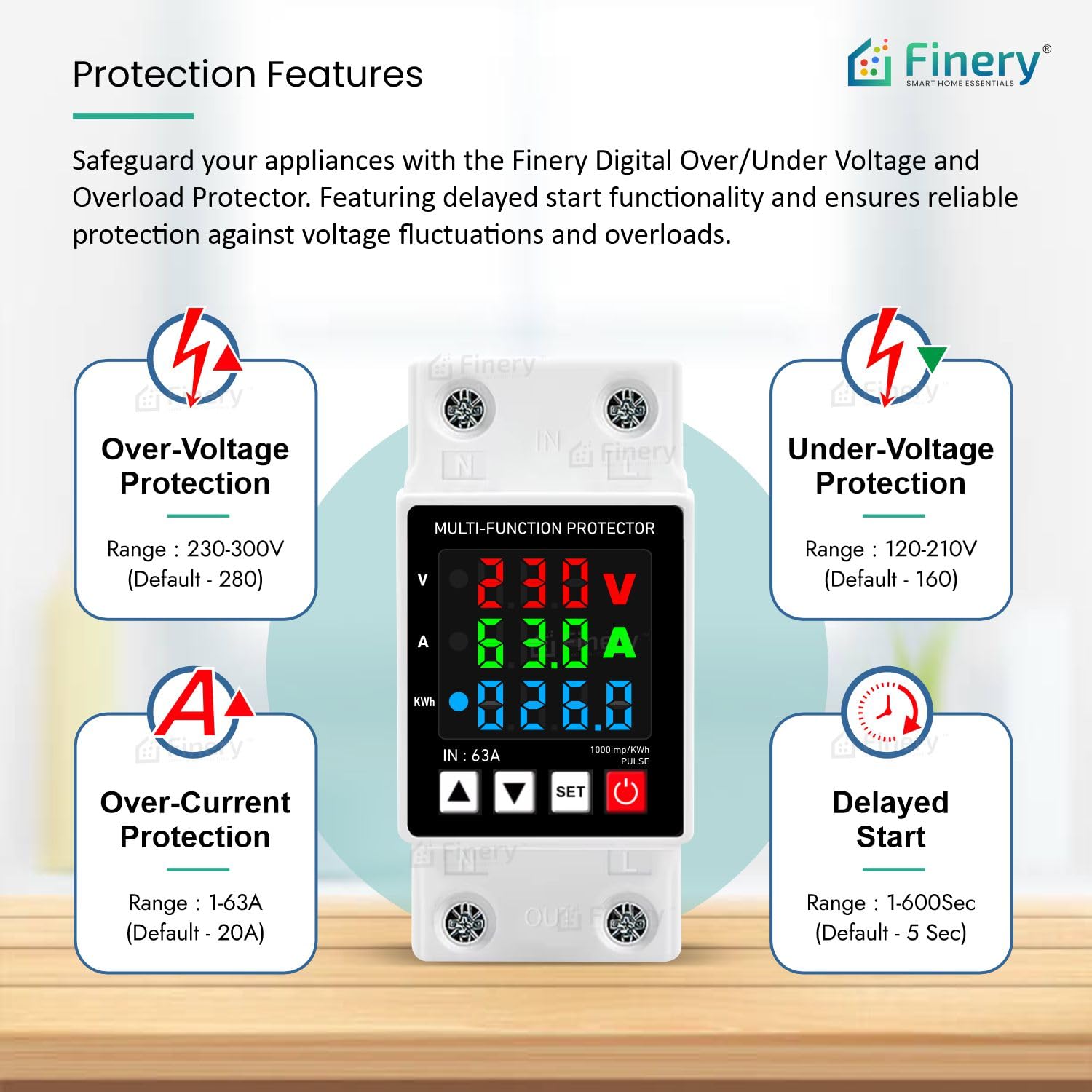 Finery Non-WiFi 63A Over Voltage Under Voltage Protection and Over Load Protection Corded Electric Digital Energy Meter with Delayed Start Din-Rail Mounted Single Phase 220V (13.8kW), White - Image 3 thumbnail