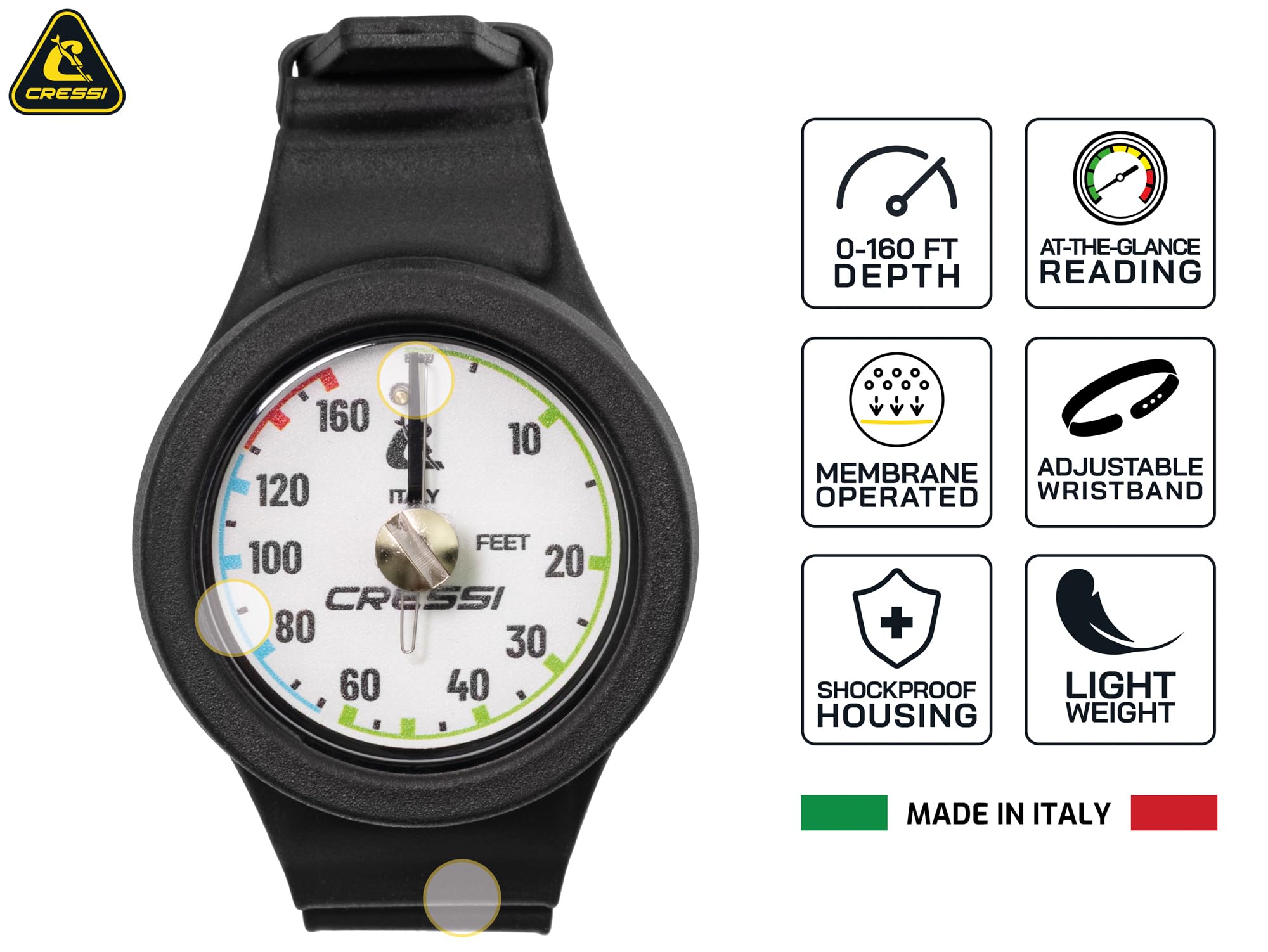 CRESSI Wristband Depht Gauge Bar - Resistente Profondimetro Analogico da Polso Unisex con Quadrante Metrico di Facile Comoda Lettura, Taglia Unica