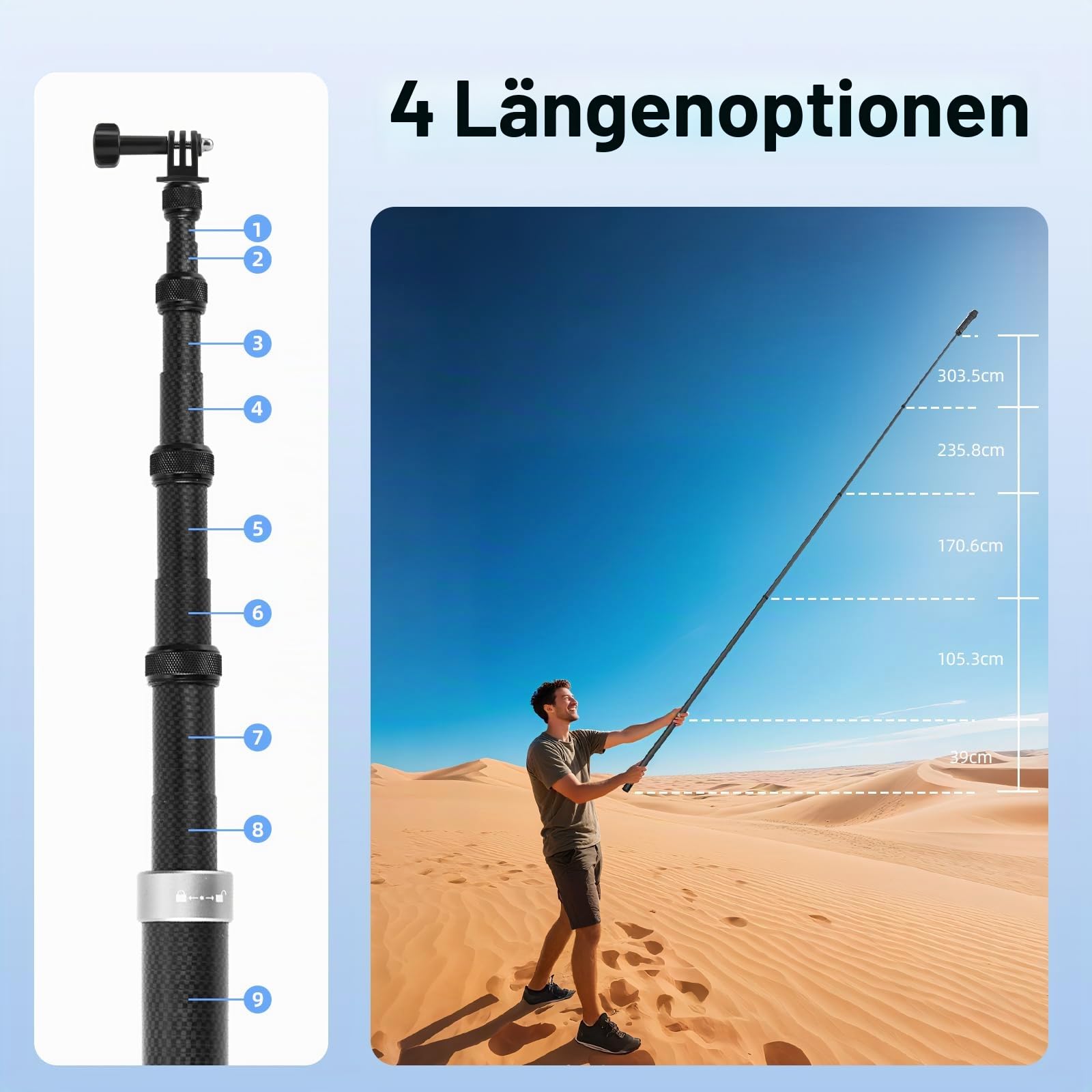 BRDRC 3m Selfie Stick Kohlefaser Selfiestange Unsichtbar Ultralang für Insta360 ONE X5, X4, X3, X2, RS - Kompatibel mit DJI OSMO Action - inkl. Go Pro Adapter & Aufbewahrungstasche