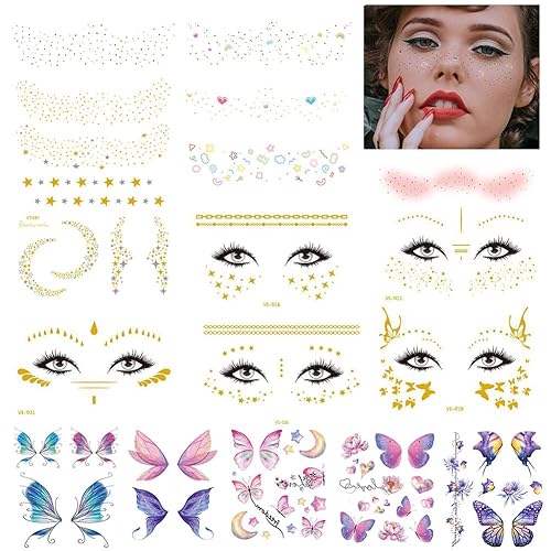 Tatuaje temporal para la cara, tatuajes metálicos de pecas con purpurina, mariposas falsas para festivales, maquillaje, accesorios para rave,