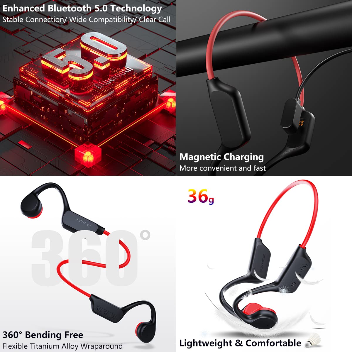 Przewodzenie kostne, bezprzewodowe słuchawki Bluetooth, IPX8, wodoodporne słuchawki z pamięcią 32G, otwarte ucho, sportowy zestaw słuchawkowy bezprzewodowy, do biegania, pływania, treningu, wędrówek, sportów wodnych, czarne, 2
