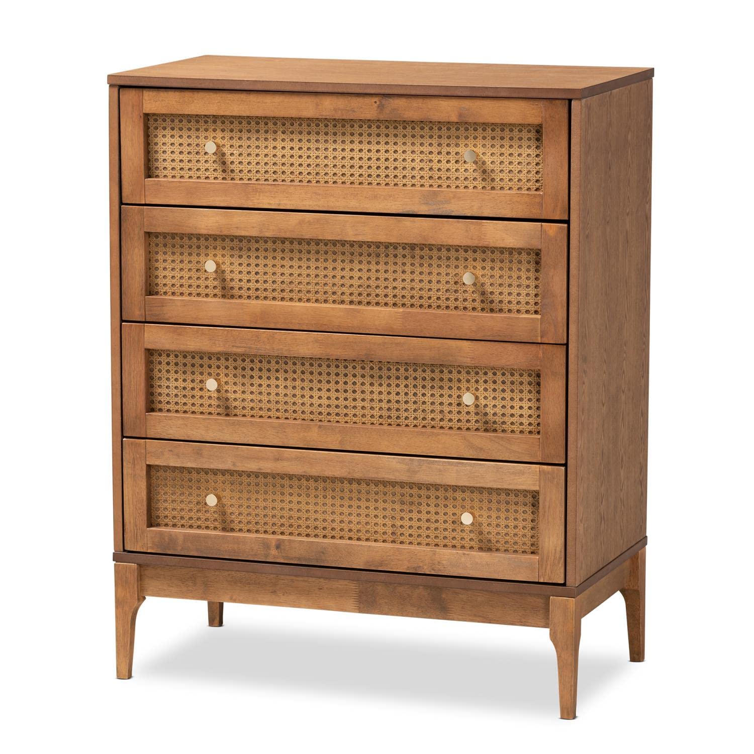 Baxton StudioRamiel Mid-Century Modern Ash Walnut Finished Wood and Rattan 4-Drawer Chest
