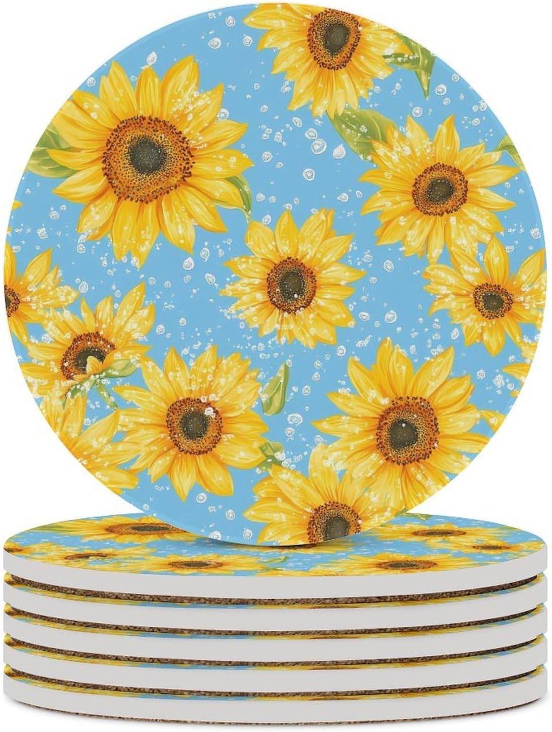 Sunflowers Blue Background Funny Round Ceramic Coasters for Drink Absorbent Cup Holders Tabletop Protection