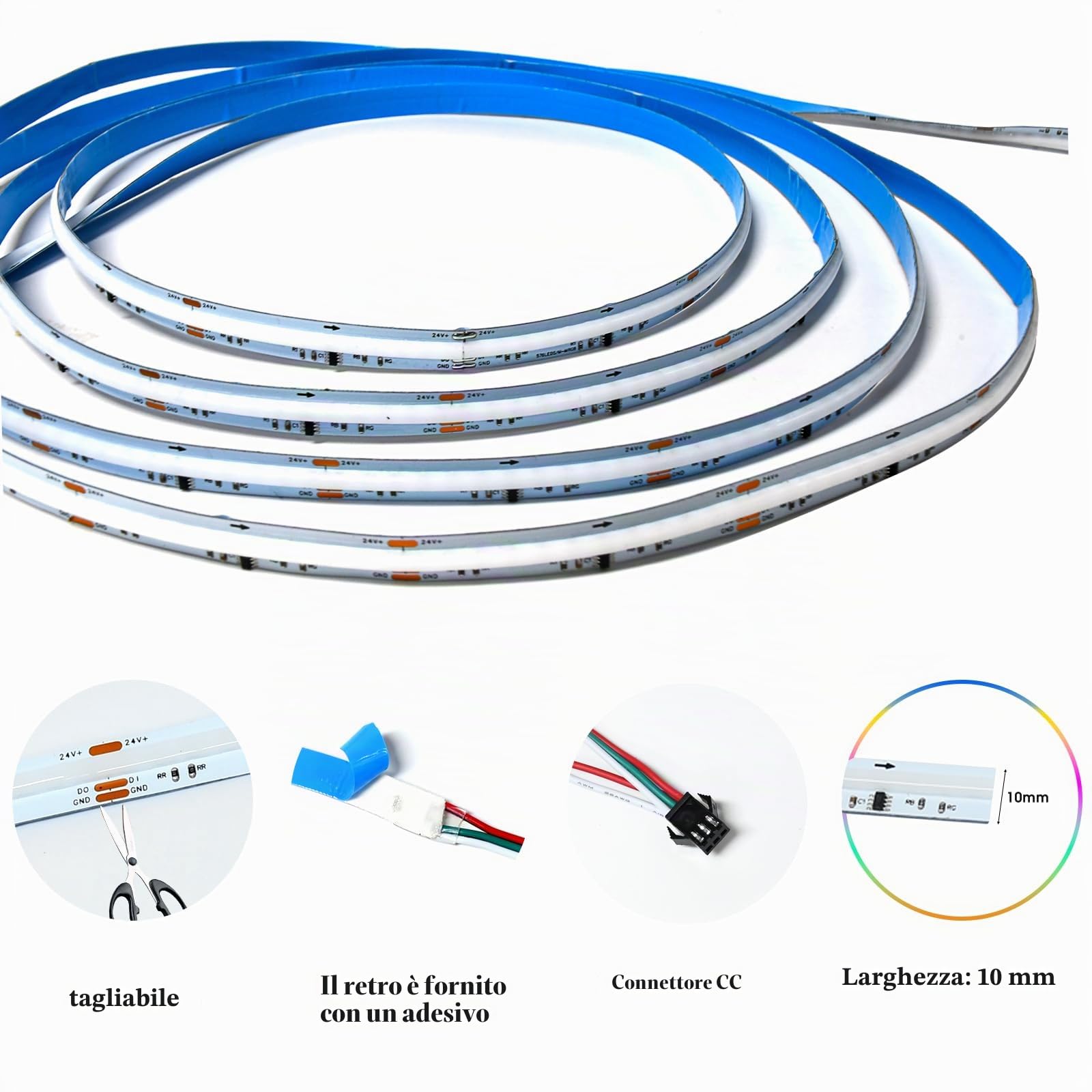 RGB+IC - Nastro LED COB 10 m, striscia led strip con controller WIFI 576 LEDs/M 24 V, dimmerabile, multicolore