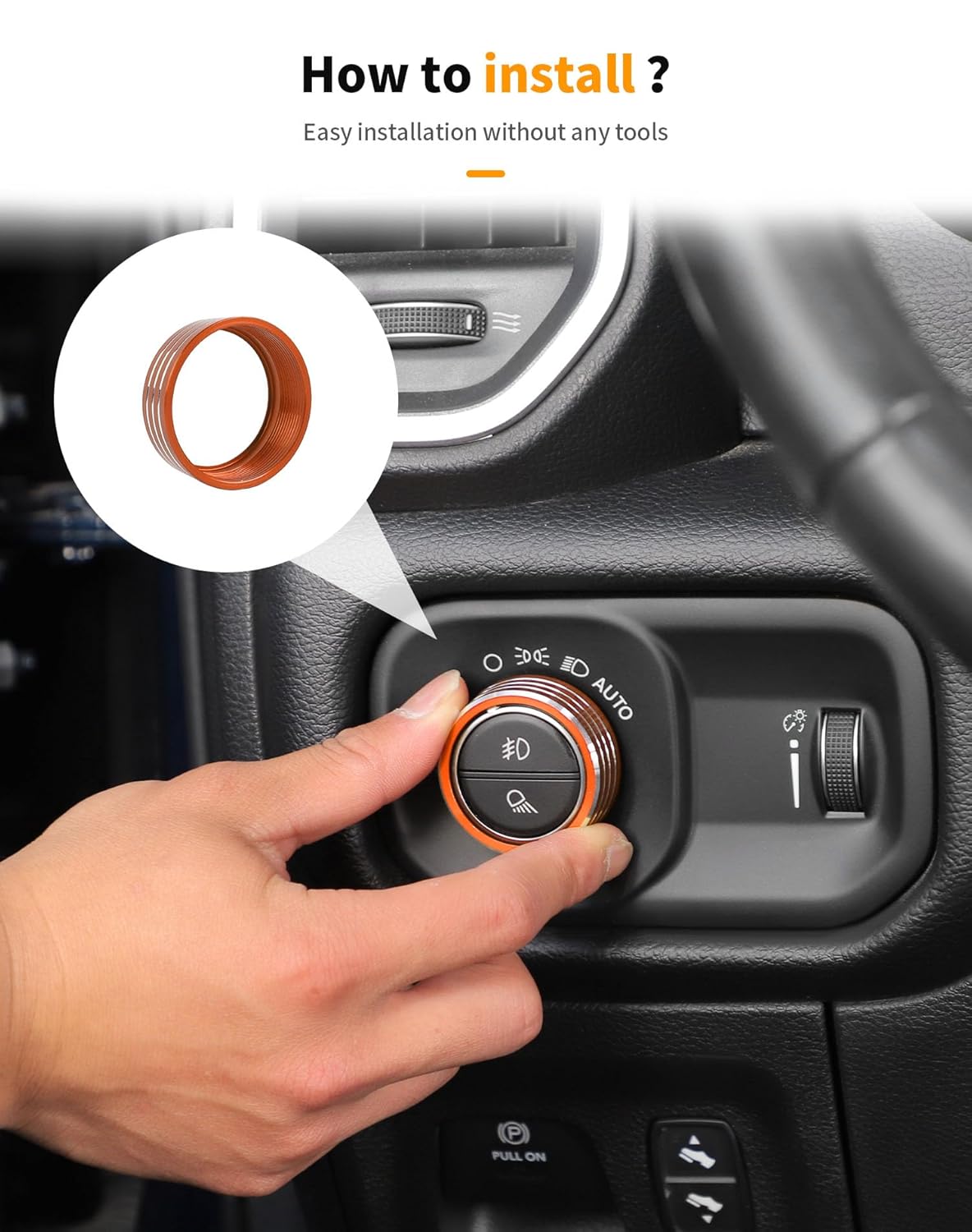 Hoolcar Headlight & Air Conditioner Switch Knob Cover Aluminum Alloy Center Console Switch Knob Cover Compatible with 2018-2025 Dodge Ram, Interior Accessories, Orange, 7PCs