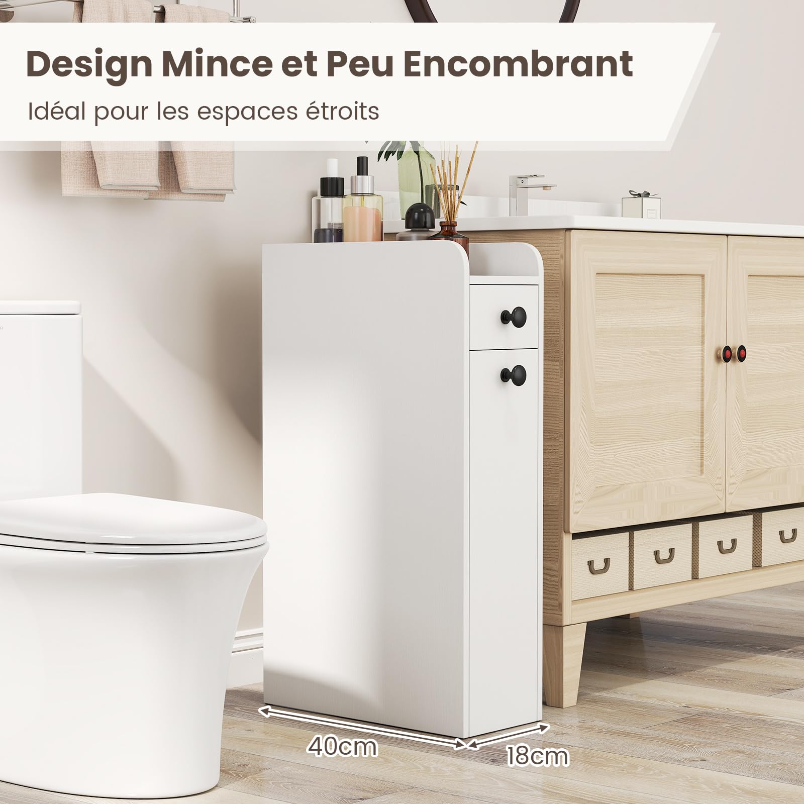 COSTWAY Petit Meuble Salle de Bain avec Tiroirs, Meuble Rangement Étroit pour Papier Toilette, Armoire de Toilette pour Petit Espace, 40 x 18 x 70 cm (Blanc)