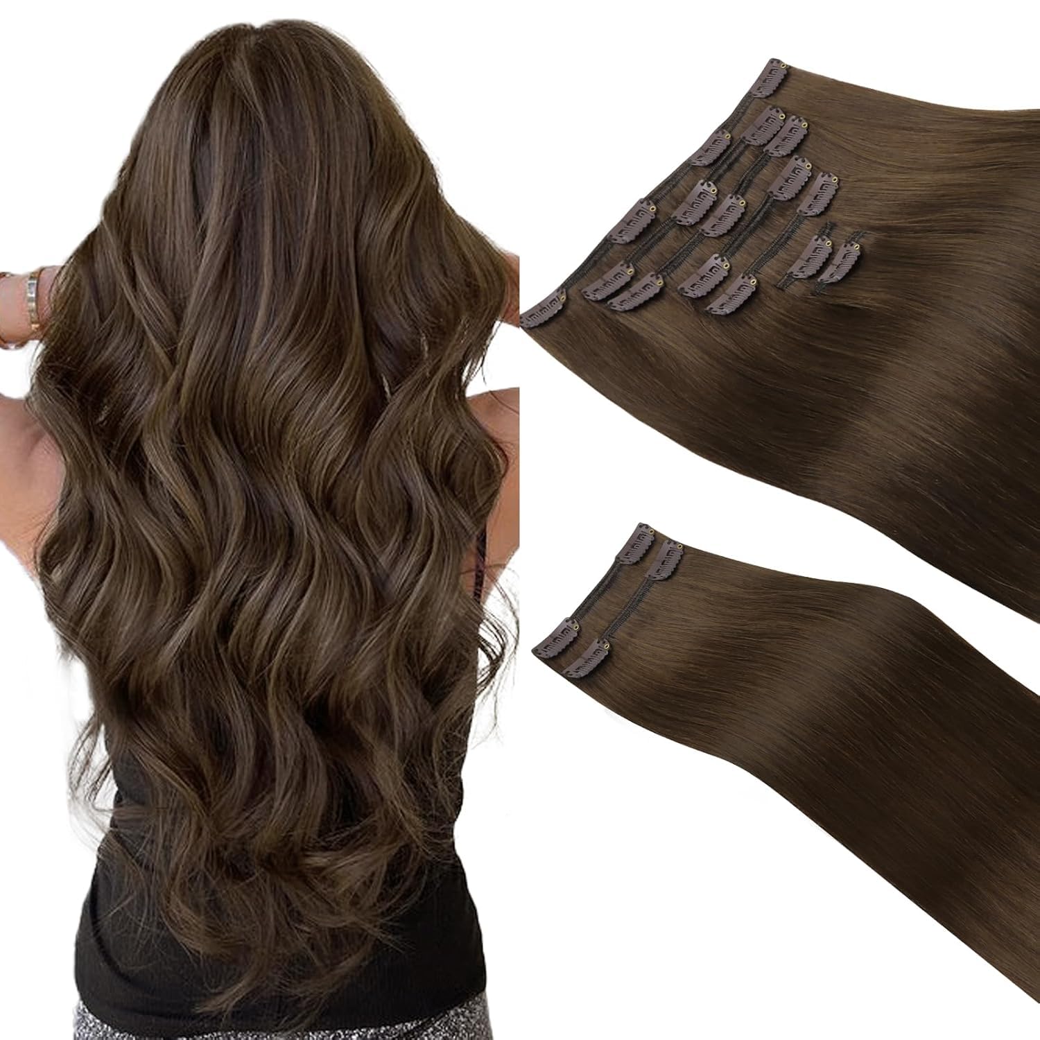HOTBANANA Clip in Hair Extensions Real Human Hair, 150g 9pcs 20 inch Chocolate Brown Straight Remy Clip in Extensions Full Head for Women