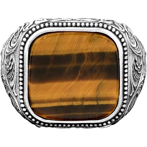 BySilverStone - Victorian Style Silver Men Ring with Tiger Eyes Gemstone, Engraved Lily on Side Cool Ring for Husband, 925 Sterling Silver Rings Wedding Rings for Men