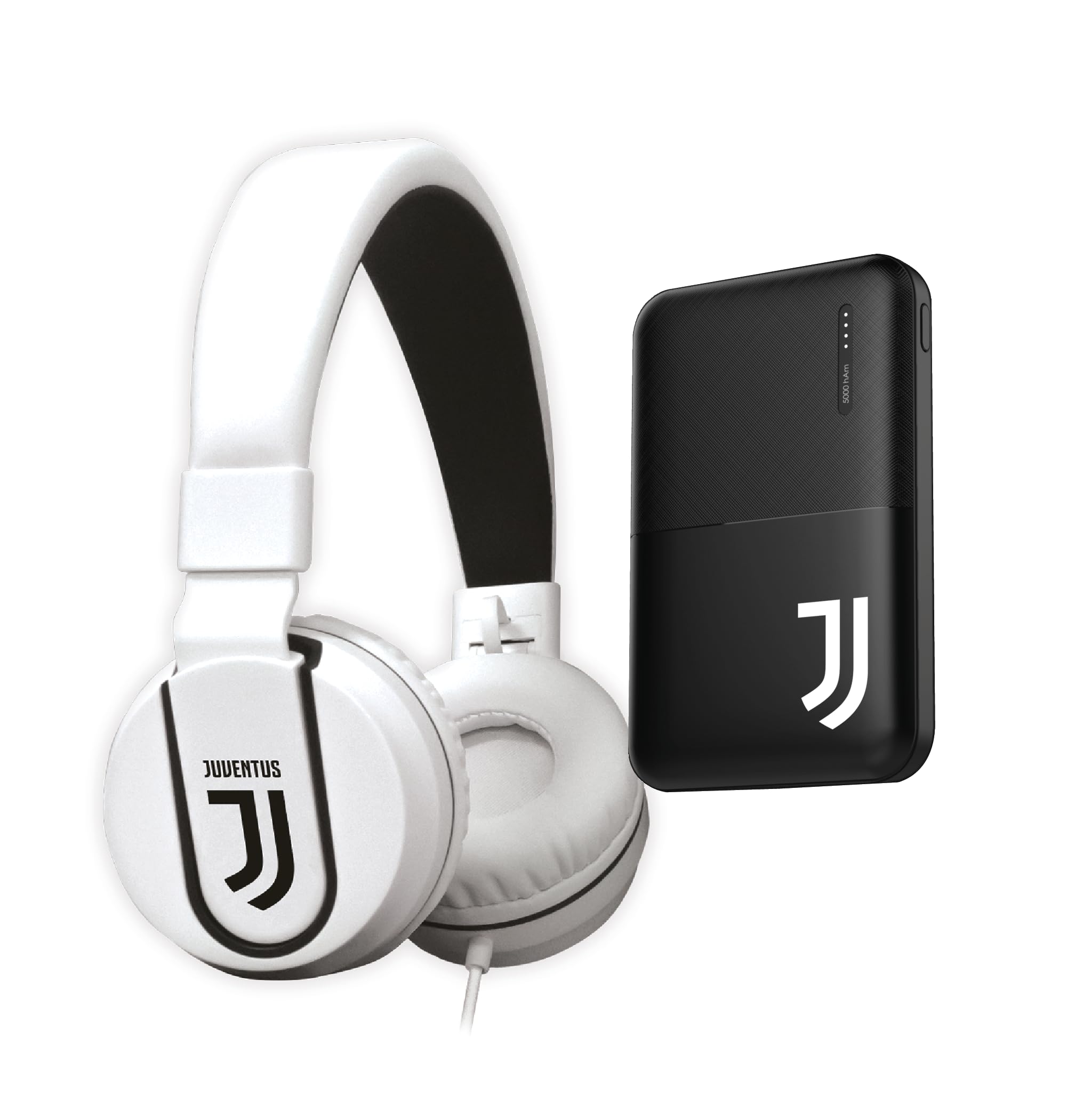 TECHMADE Juventus Football Cuffia microfono incluso |ON-EAR |con filo cavo aux | Bianco/Nero | con adattatore usb-c (+ POWERBANK 5000)