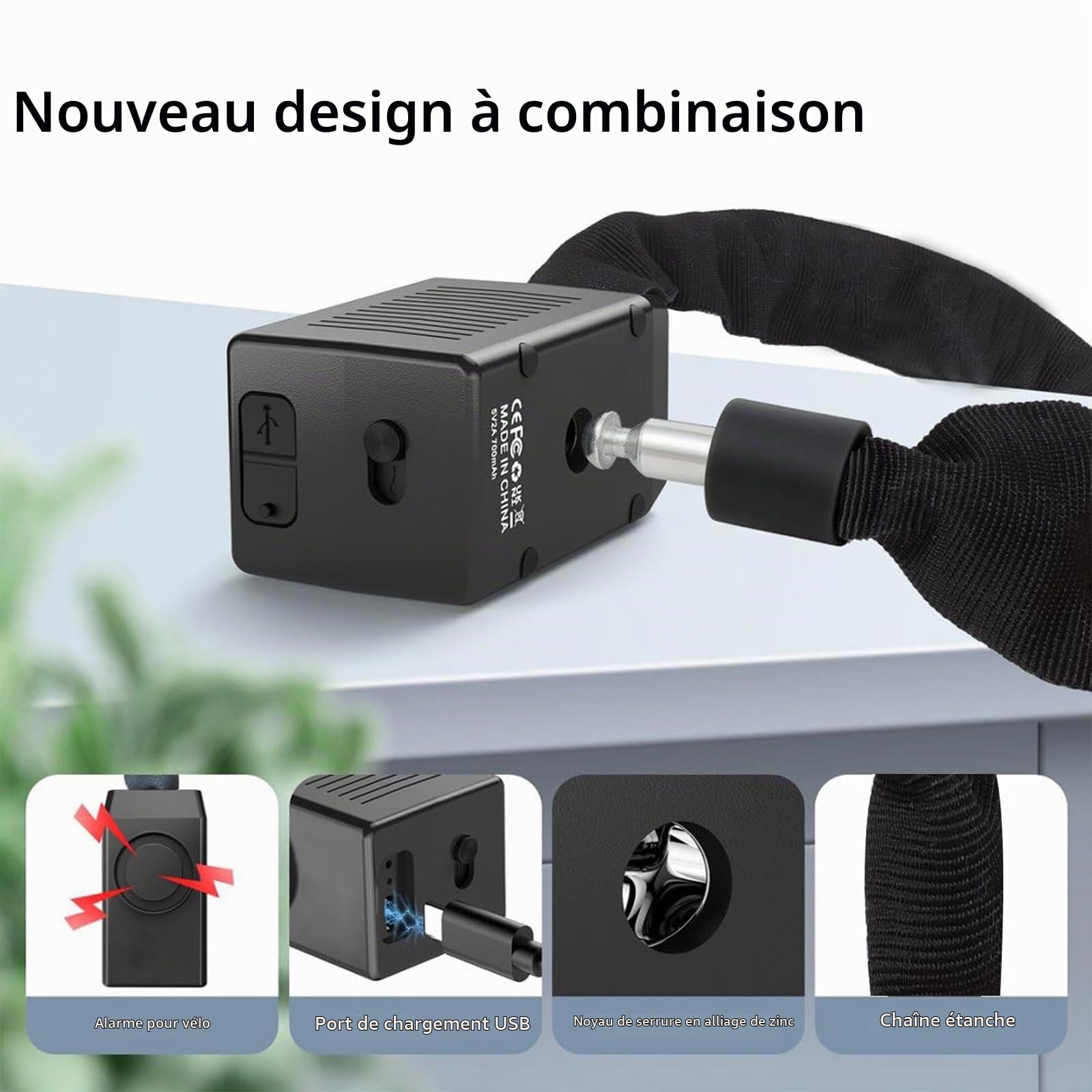 Antivol pour trottinette électrique, avec alarme 110 dB, antivol pour vélo électrique, rechargeable via USB-C, étanche IP55, chaîne de 1200mm / 8mm, avec télécommande et clé (noir)
