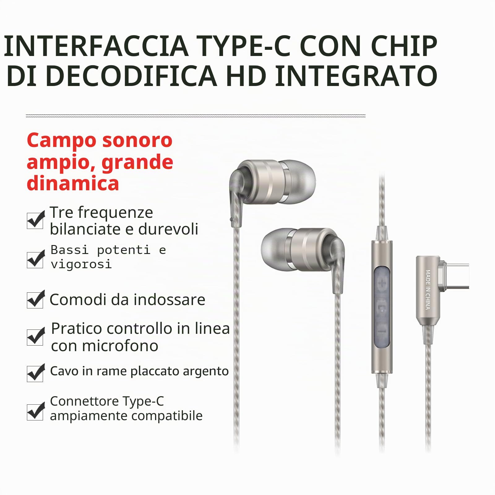 SoundMAGIC E80D Auricolari Cablati USB-C, Micro, DAC HiRes, HiFi, Arg Scuro | Chiamate cristalline, chip Hi-Res, bassi profondi, isolamento acustico, vestibilità ergonomica, compatibilità universale