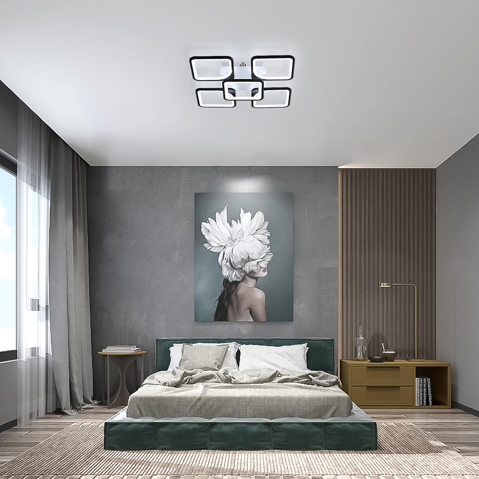 Nowoczesna lampa sufitowa LED, kwadratowa akrylowa lampa sufitowa 75W, czarne zimne białe światło 6500K do salonu, sypialni, gabinetu (5 żarówek)