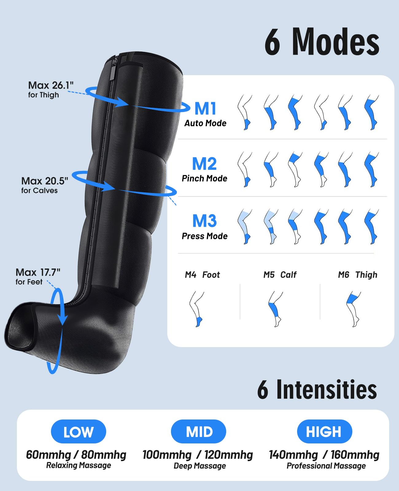 Kalamera Masajeador de piernas de compresión de aire con botas con cremallera, 6 modos, 3 niveles de intensidad con temporizador, masaje de envoltura de piernas completas para pies, pantorrillas y