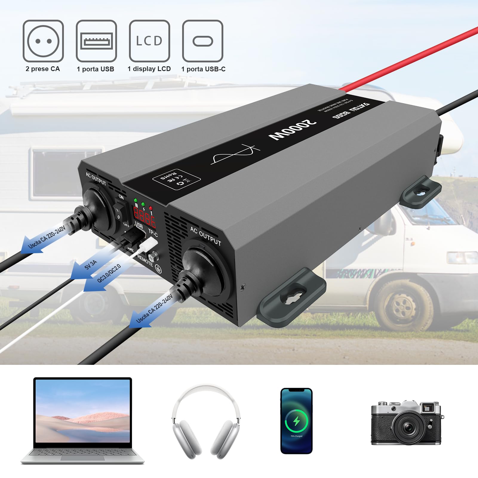 DATOUBOSS Inverter 12v 220v/230v Onda Pura 2000w, Inverter Onda Pura 2000w, Convertitore 12v 220v, Con Presa AC e Porta USB 3A Per Casa, Camper, Camion (SAK-12v2000w)