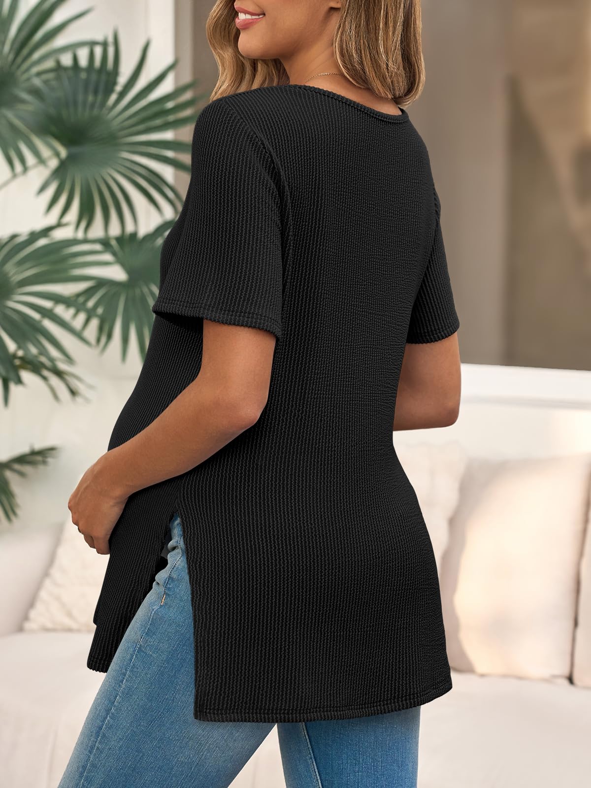 Tankaneo T-shirt de maternité d'été côtelé à manches courtes pour femme