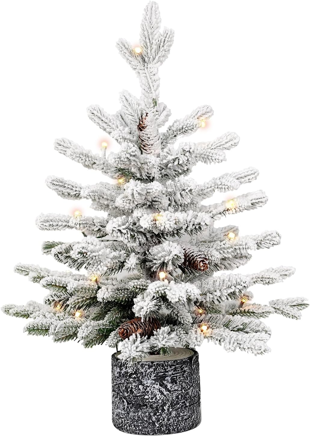 2FT Pre-lit Potted Flocked Christmas Tree, Snow Frosted Mini Tabletop Artificial Christmas Tree with 30 LED Lights and 118 PE & PVC Branch Tips for Front Door, Porch, Indoor and Outdoor