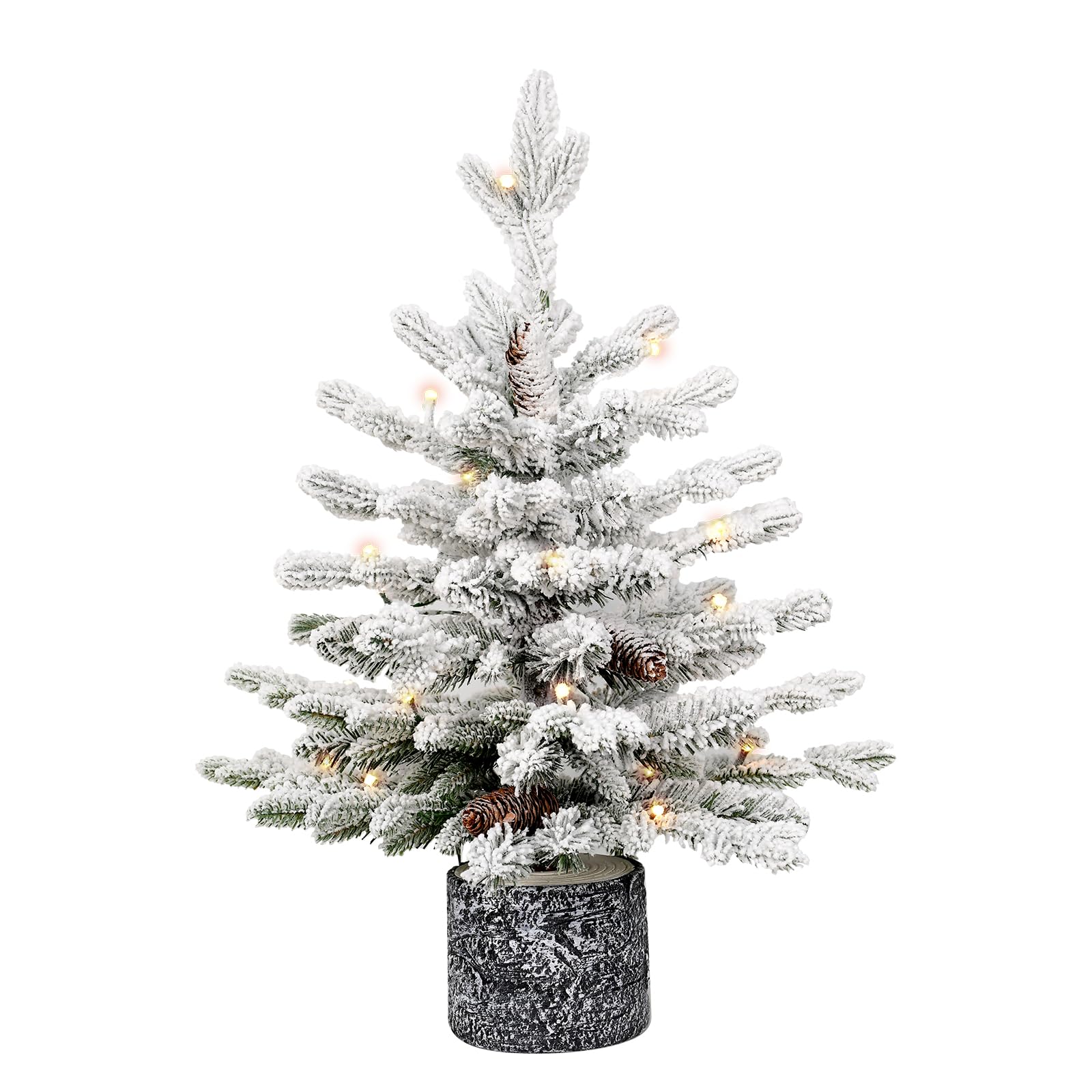 2FT Pre-lit Potted Flocked Christmas Tree, Snow Frosted Mini Tabletop Artificial Christmas Tree with 30 LED Lights and 118 PE & PVC Branch Tips for Front Door, Porch, Indoor and Outdoor