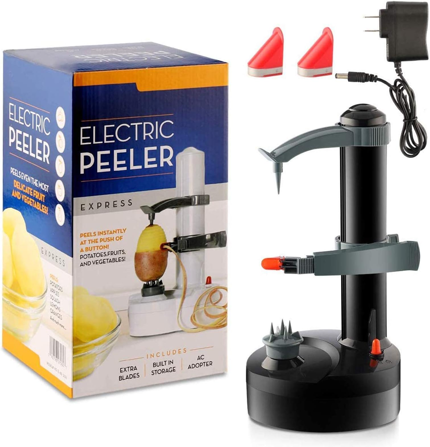 Electric Potato Peeler, Automatic Rotating Fruits & Vegetables Cutter Apple Paring Machine - Kitchen Peeling Tool with 2 Extra Blades (Black)